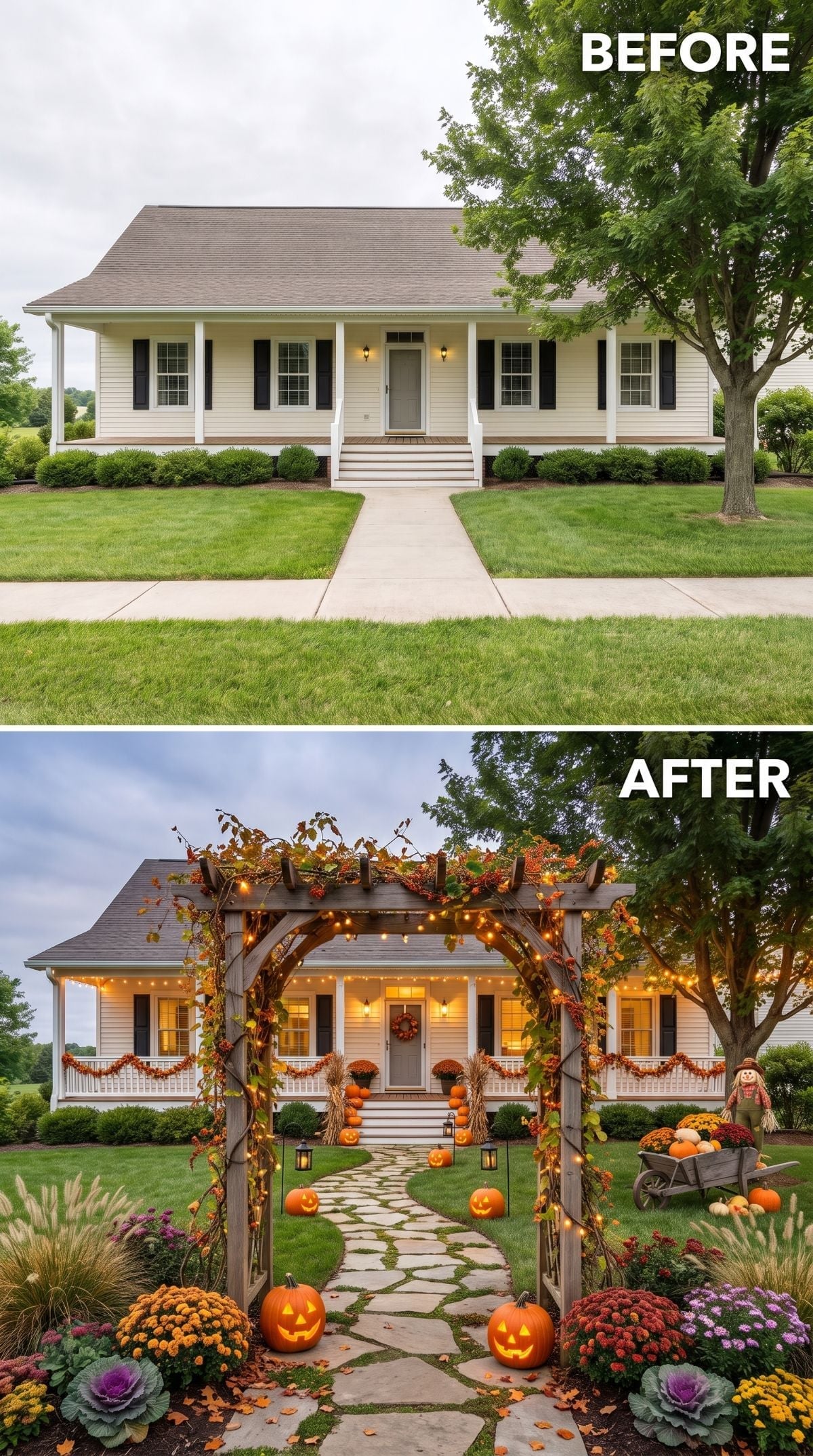 Pergola, Pumpkins, and String Lights Give a Plain Walkway Its Best Fall Moment