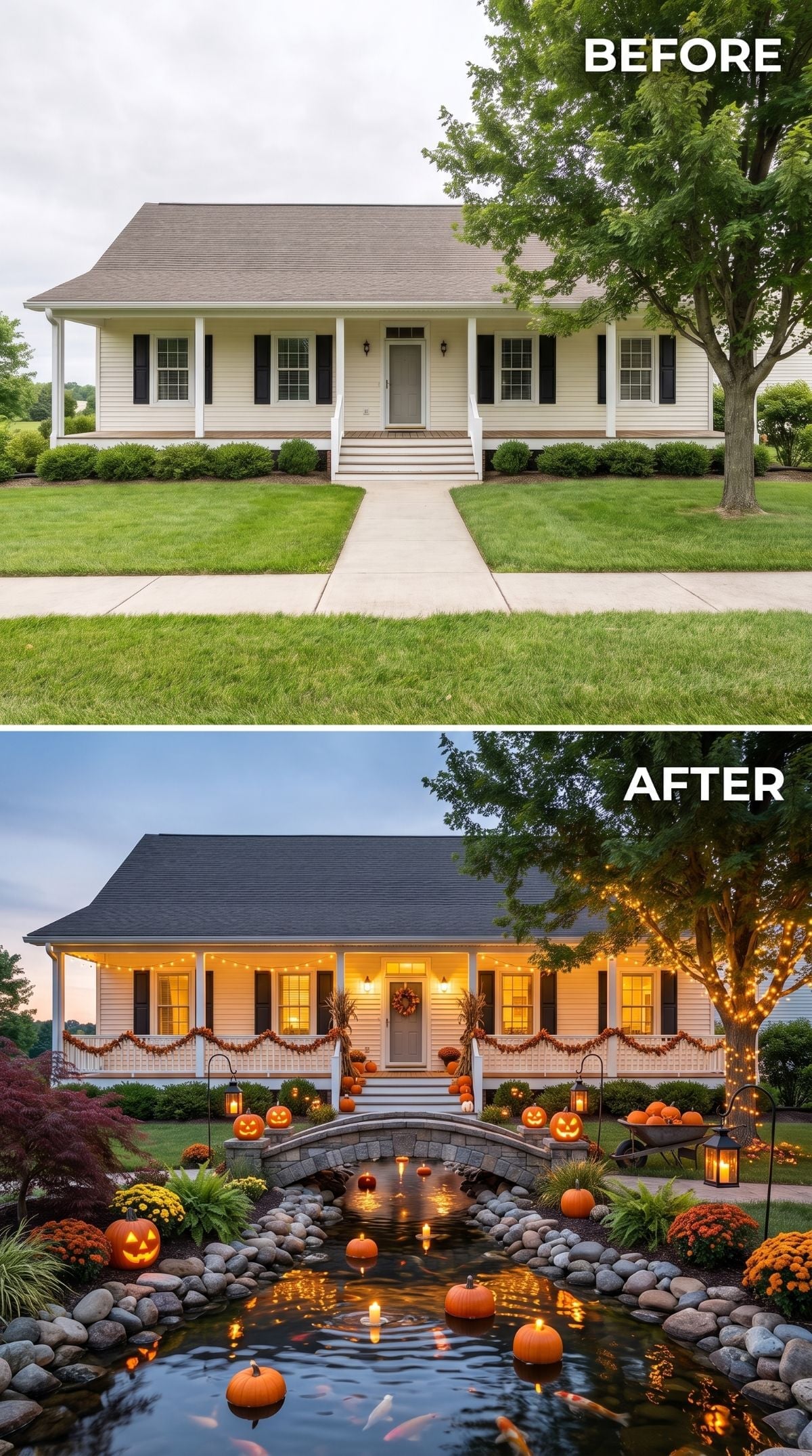 Pond, Stone Bridge, and Jack-o'-Lanterns Make This Ranch's Halloween Curb Appeal Genuinely Unforgettable