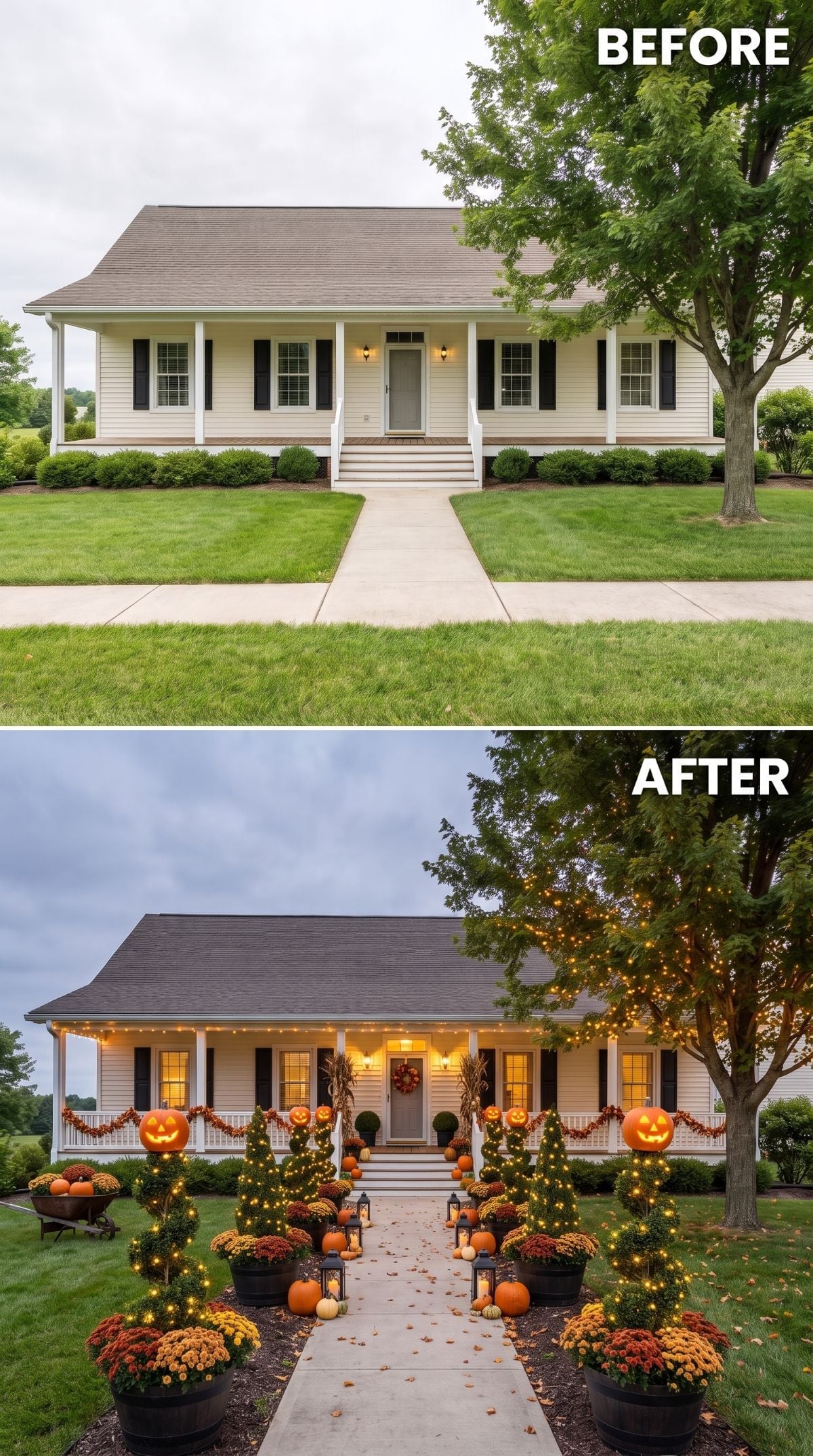 Porch Lights, Mums, and Jack-o'-Lanterns Turn One Ranch's Curb Appeal Into Fall Gold