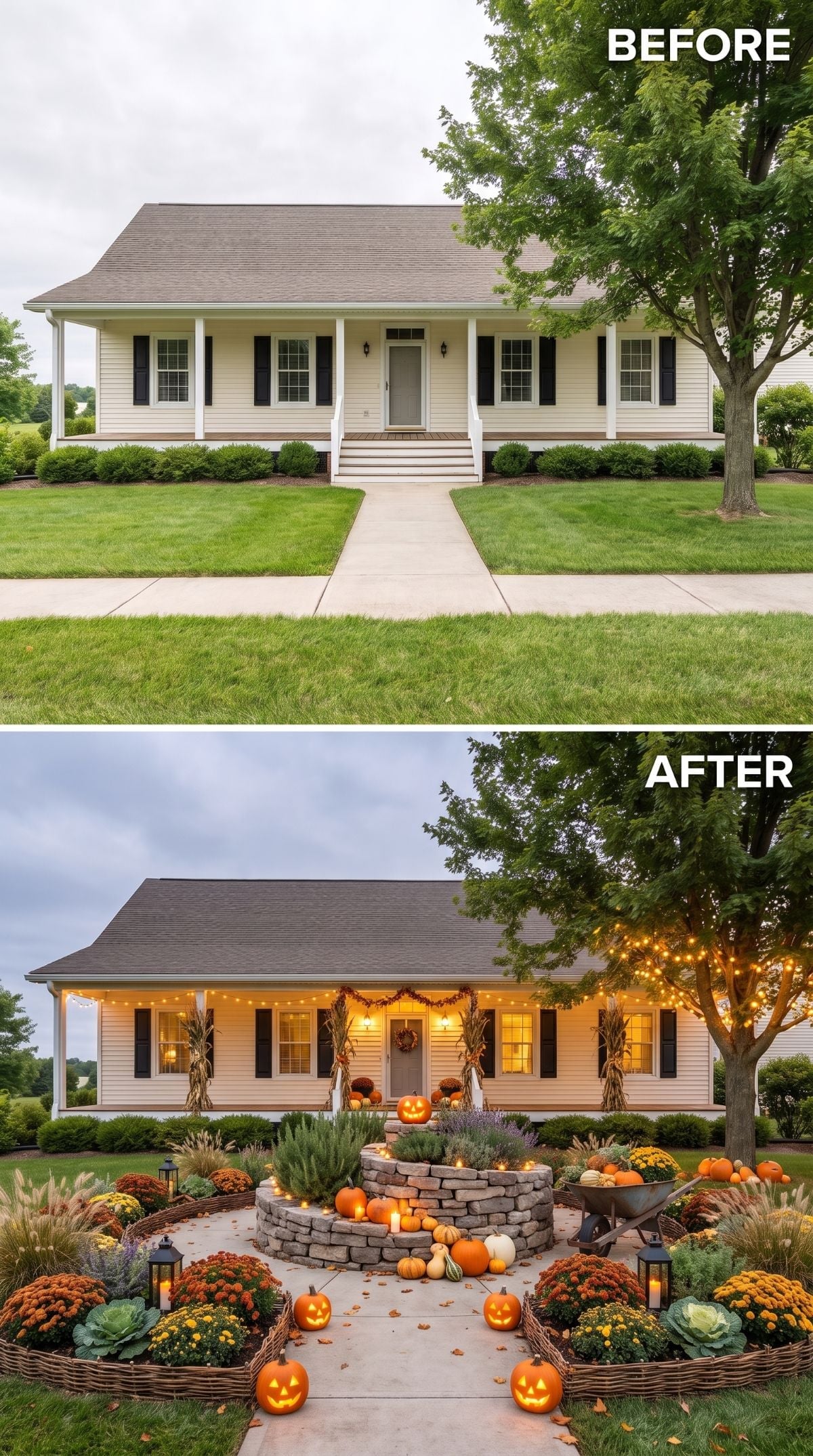 Raised Stone Planter, Carved Pumpkins, and String Lights Gave One Ranch Front Yard a Real Halloween Personality