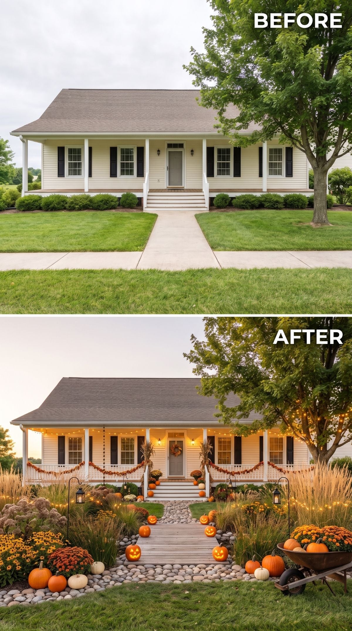 Rock-Lined Walkway, Carved Pumpkins, and Autumn Mums Gave This Ranch Front Yard Its Fall Voice
