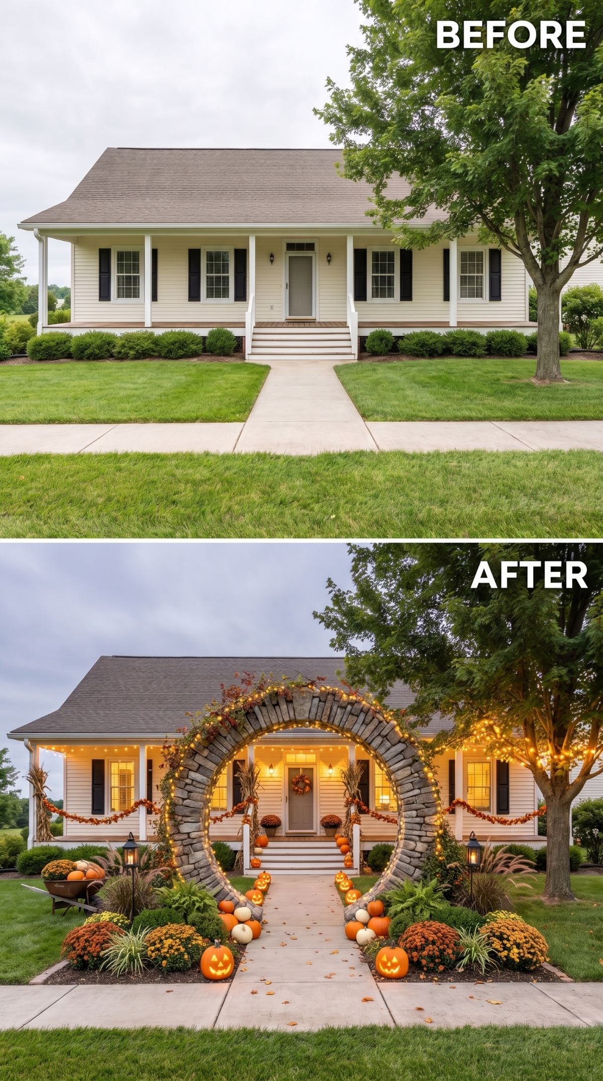 Stone Arch, Jack-o'-Lanterns, and Fairy Lights Gave This Ranch's Walkway a Fall Identity All Its Own