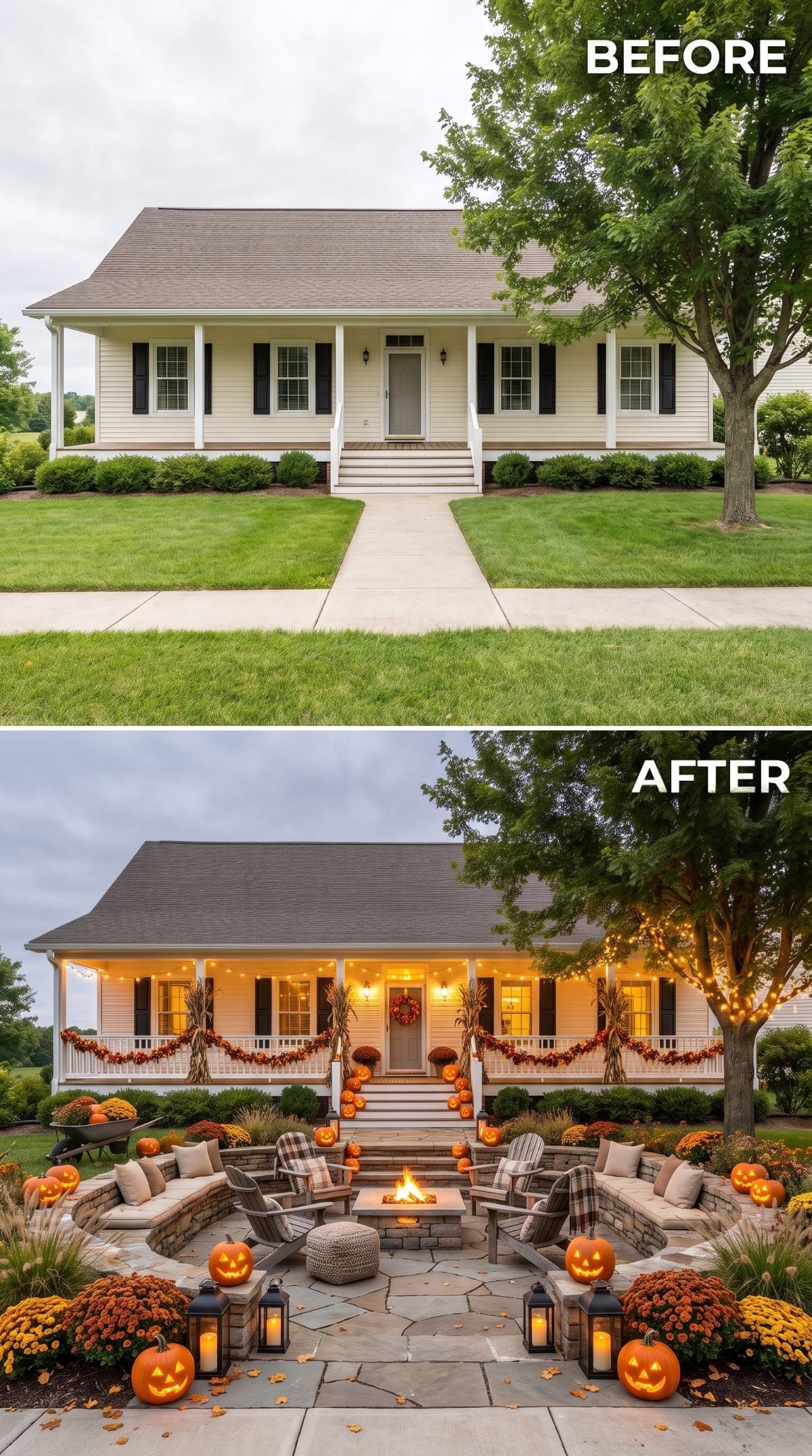 Stone Fire Pit Seating, Fall Garlands, and Jack-o'-Lanterns Own Every Inch of This Front Yard