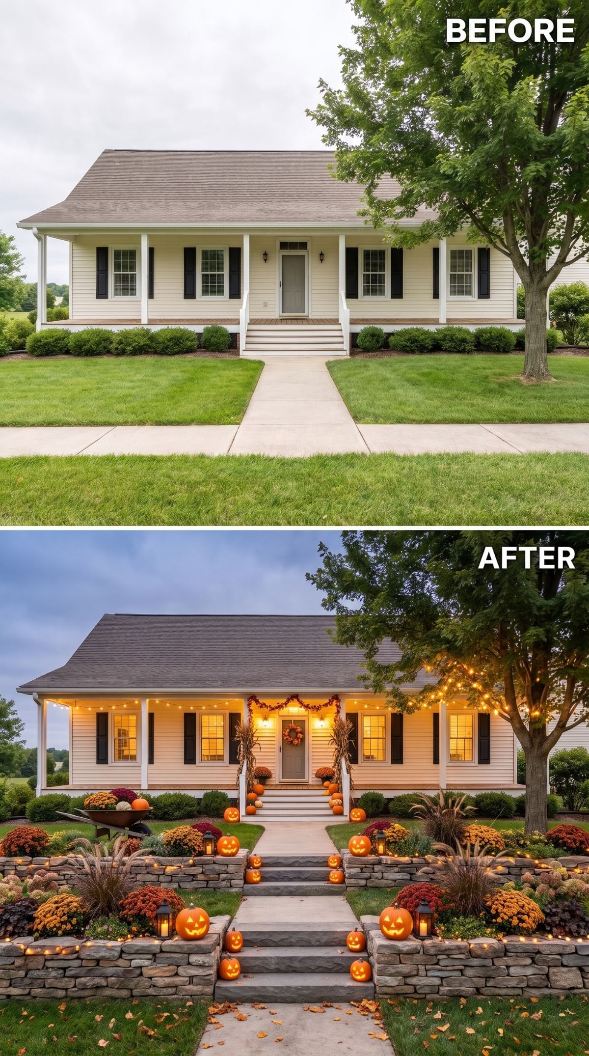 Stone Retaining Walls and Jack-o'-Lanterns Give This Flat Yard Serious Fall Structure