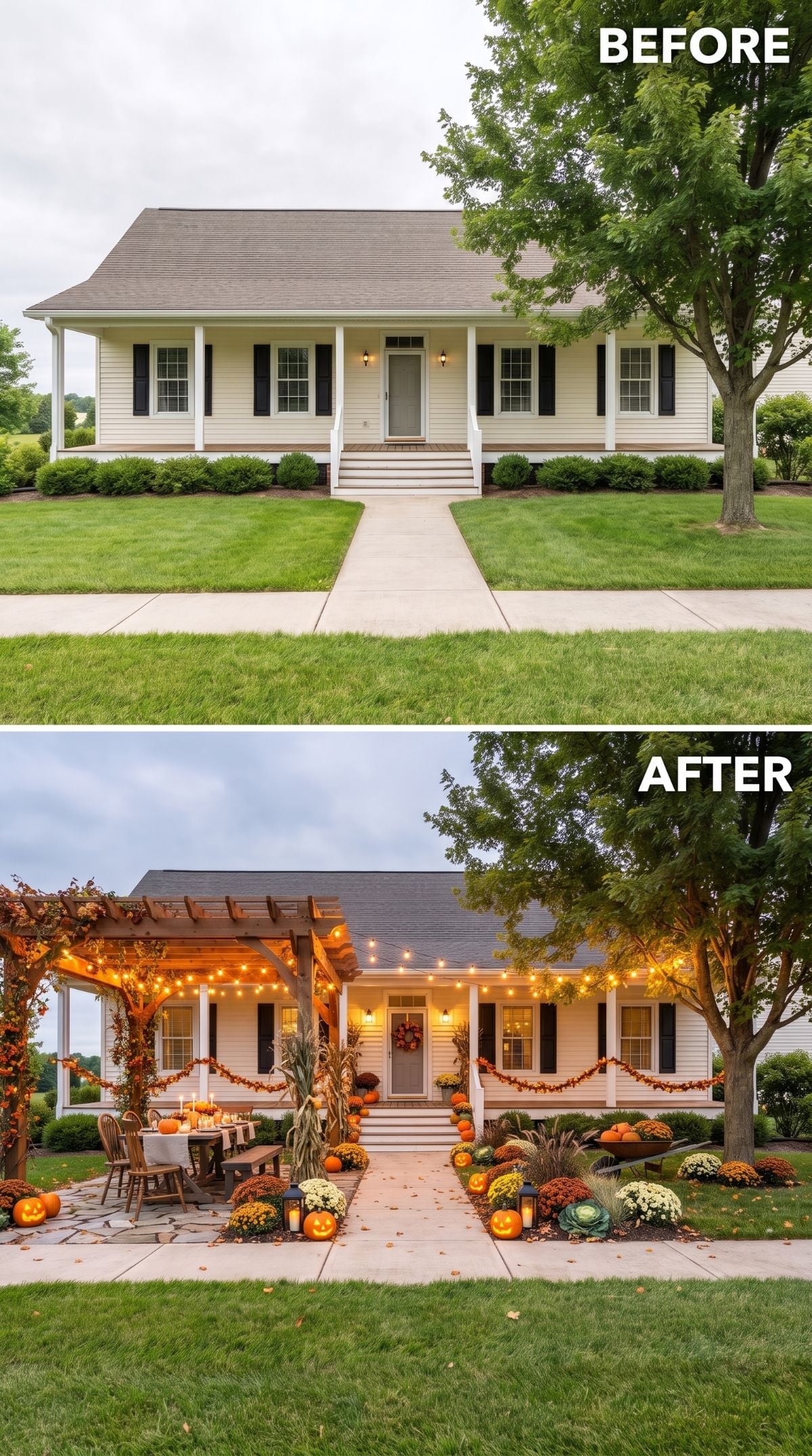 String Lights, a Pergola, and Pumpkins Pull Off a Fall Front Yard Worth Envying