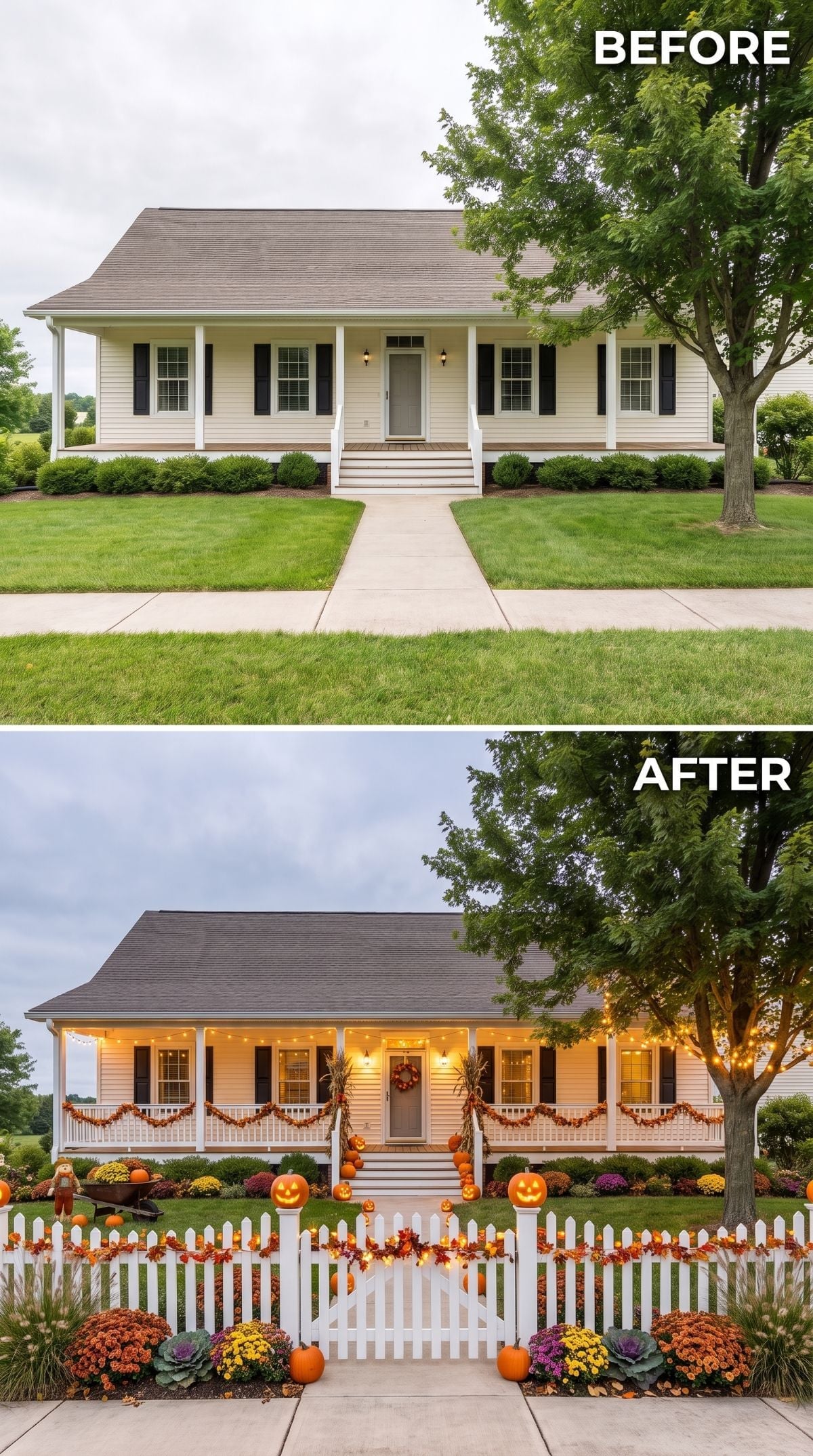 White Picket Fence and Fall Garland Give This Ranch Its Sharpest Curb Appeal Yet