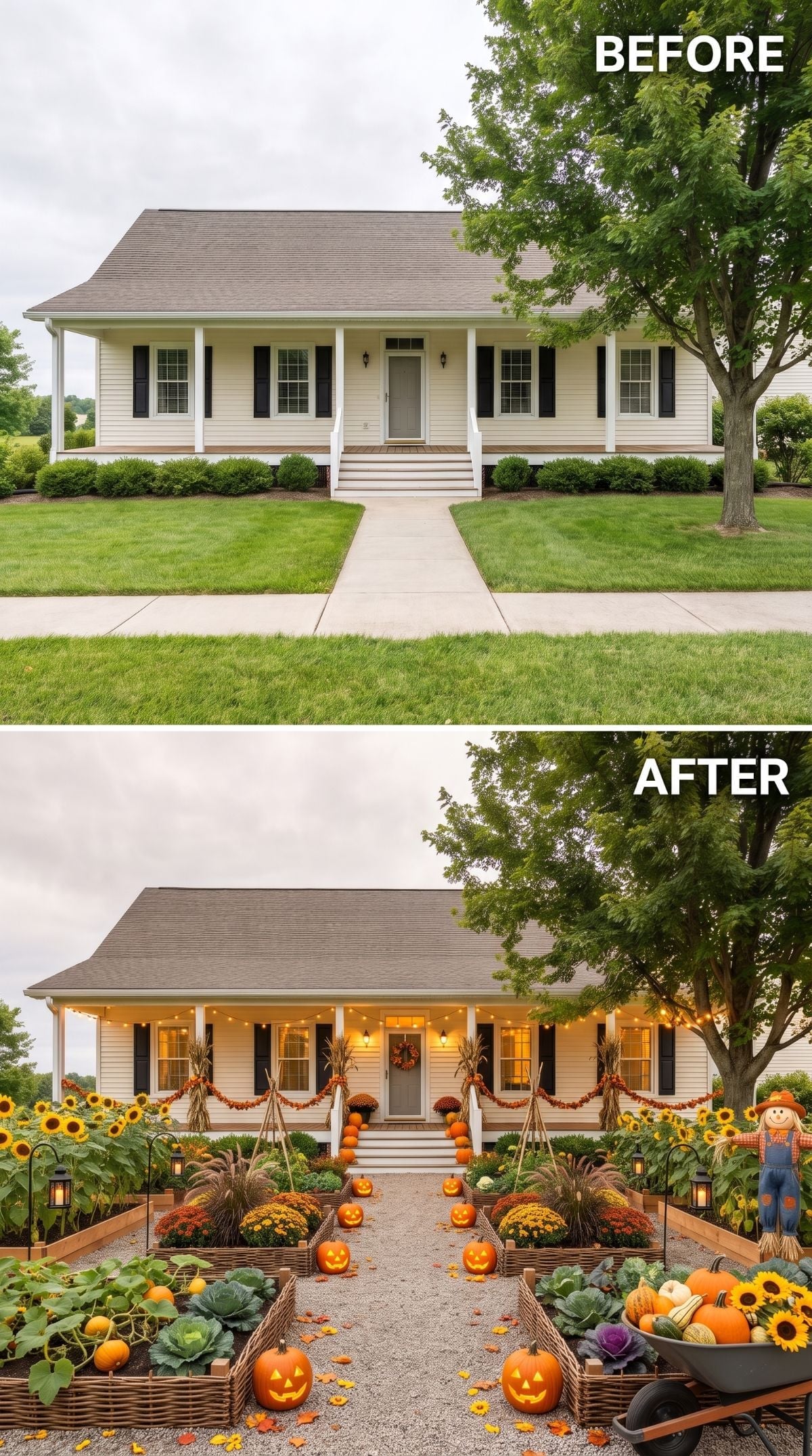 Wicker Fence, Scarecrow, and Jack-o'-Lanterns Give a Plain Ranch Yard Real Fall Personality