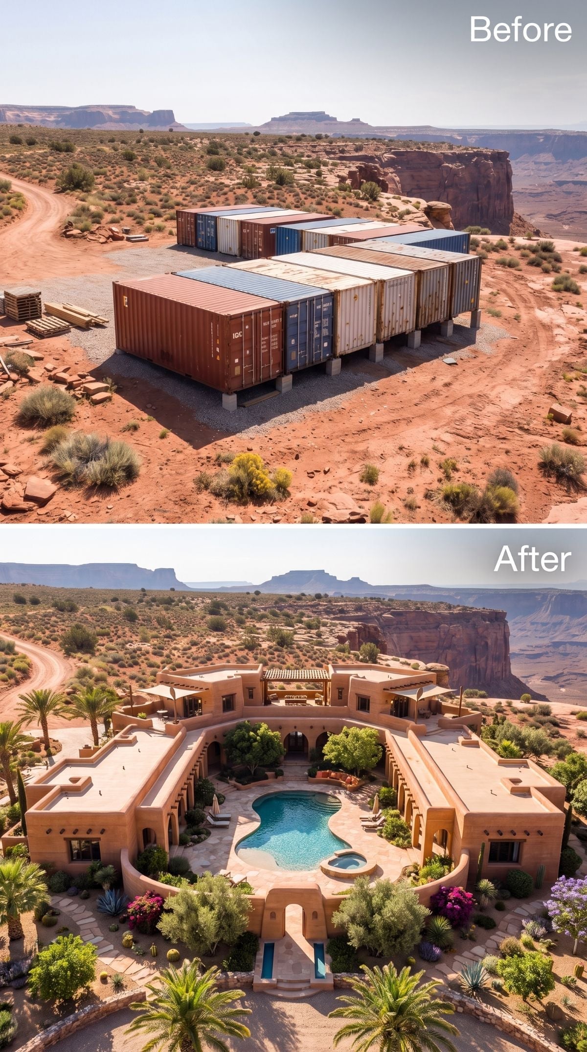 Adobe Arches, a Courtyard Pool, and Blooming Desert Gardens Replace Rusted Containers
