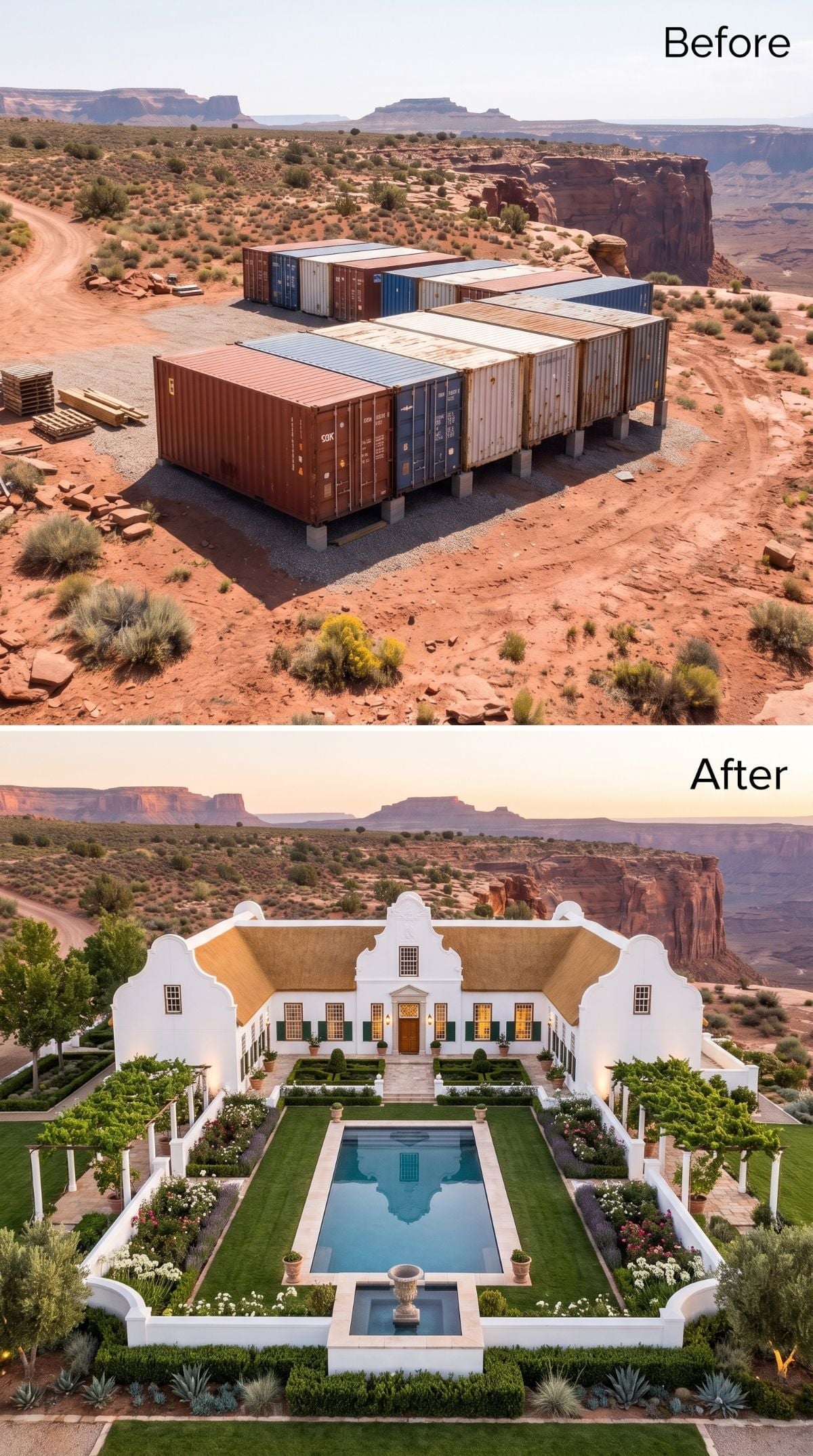 Cape Dutch in the Canyon: White Gables, Formal Gardens, and a Pool Framed by Mesa Walls