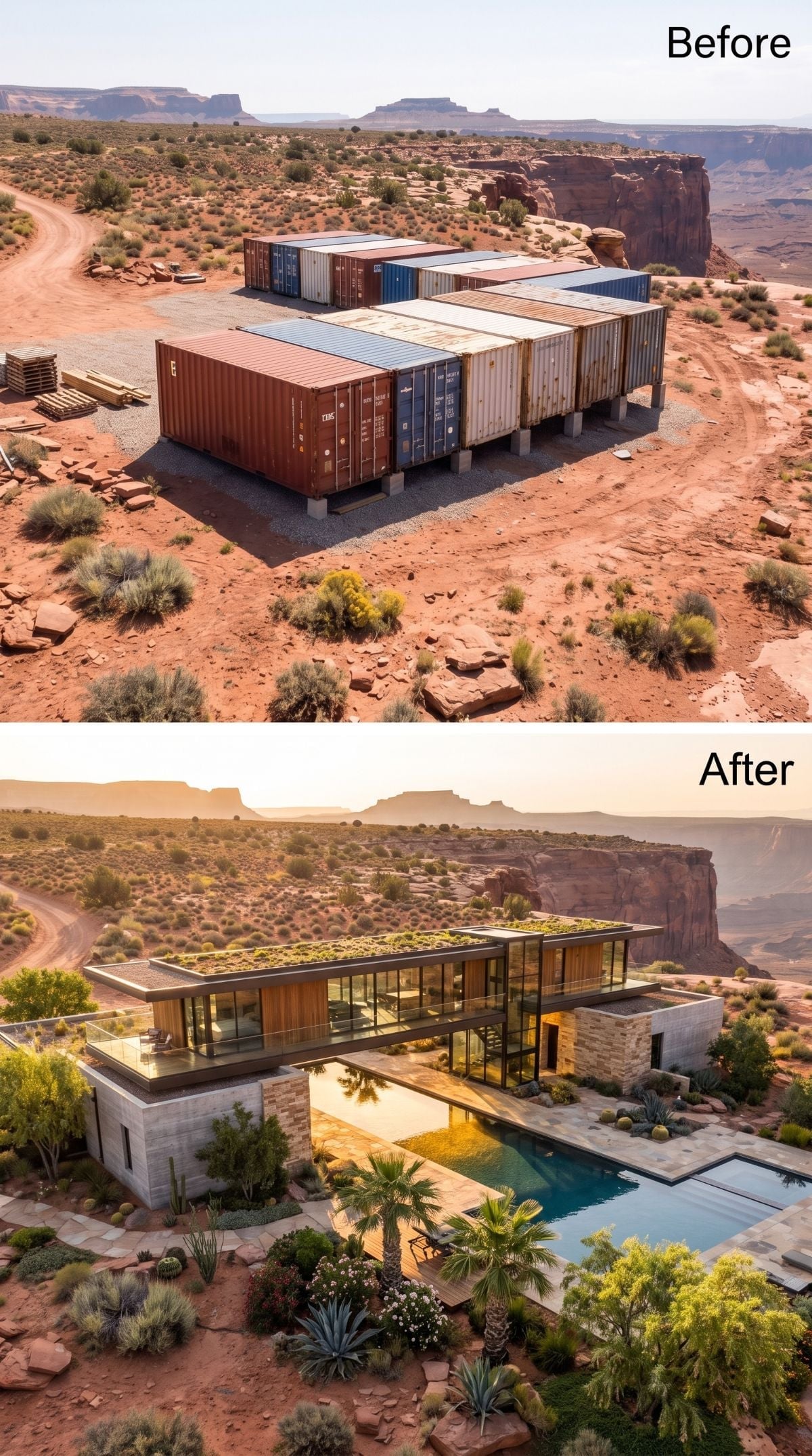 Containers to Canyon Compound: Glass Walls, a Green Roof, and a Pool at Golden Hour