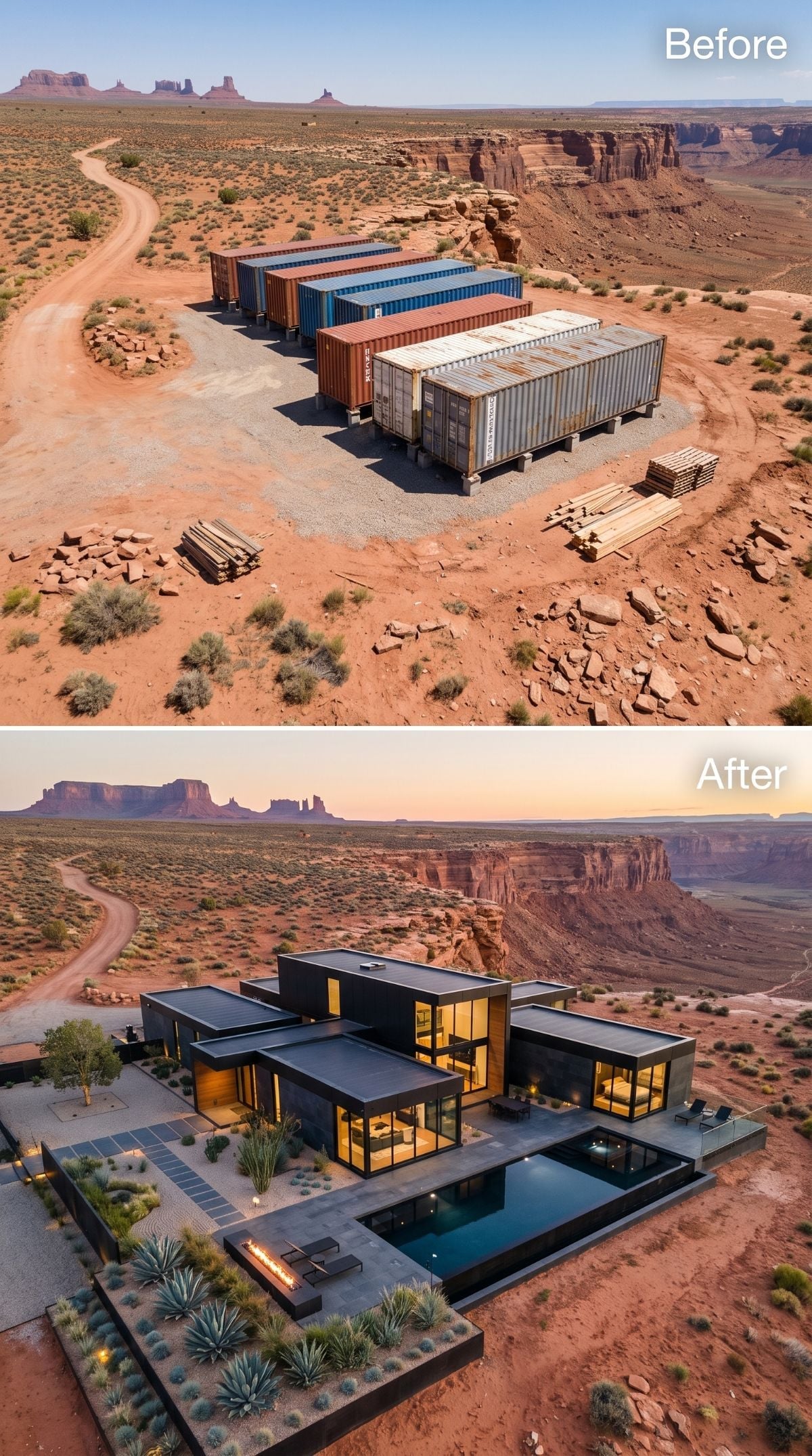 Dark Steel and Desert Glass: Part of the Container Group Becomes a Mesa Estate at Dusk