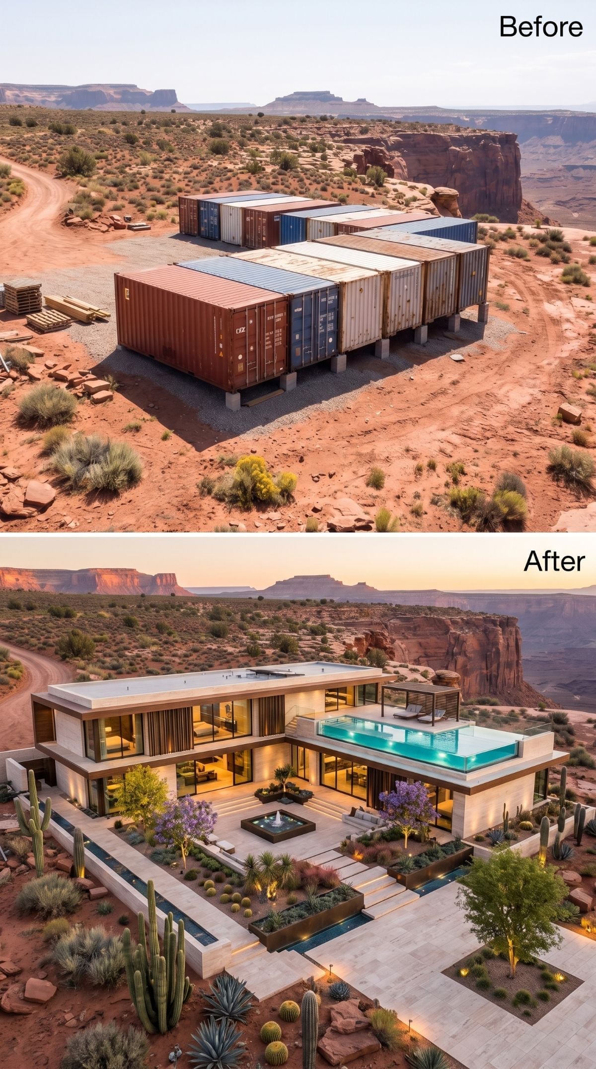 Desert Mesa Containers Vanish Under Stone, Glass, and a Rooftop Pool at Dusk