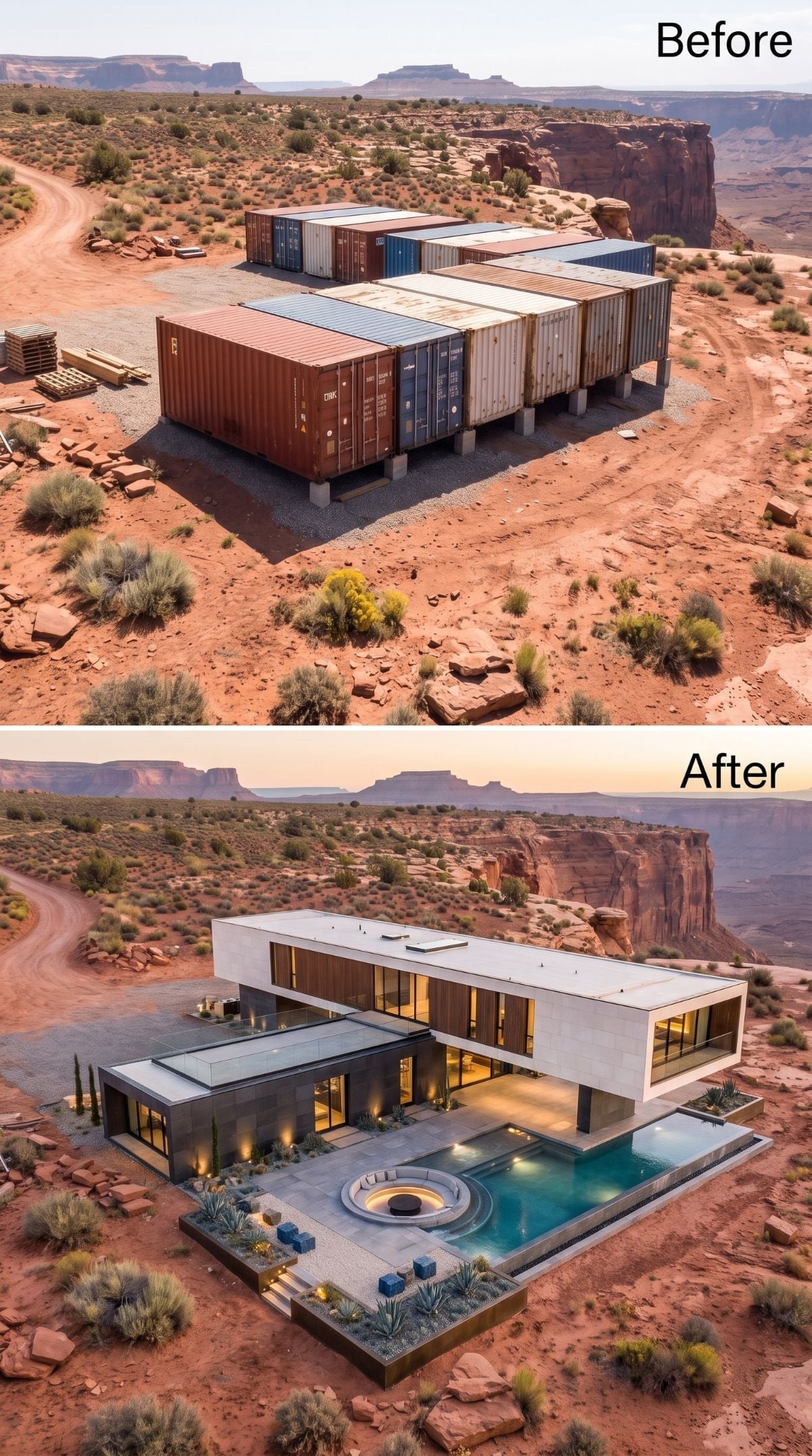 Flat Roof, Floating Pool, and Warm Light Spilling Into the Canyon at Dusk