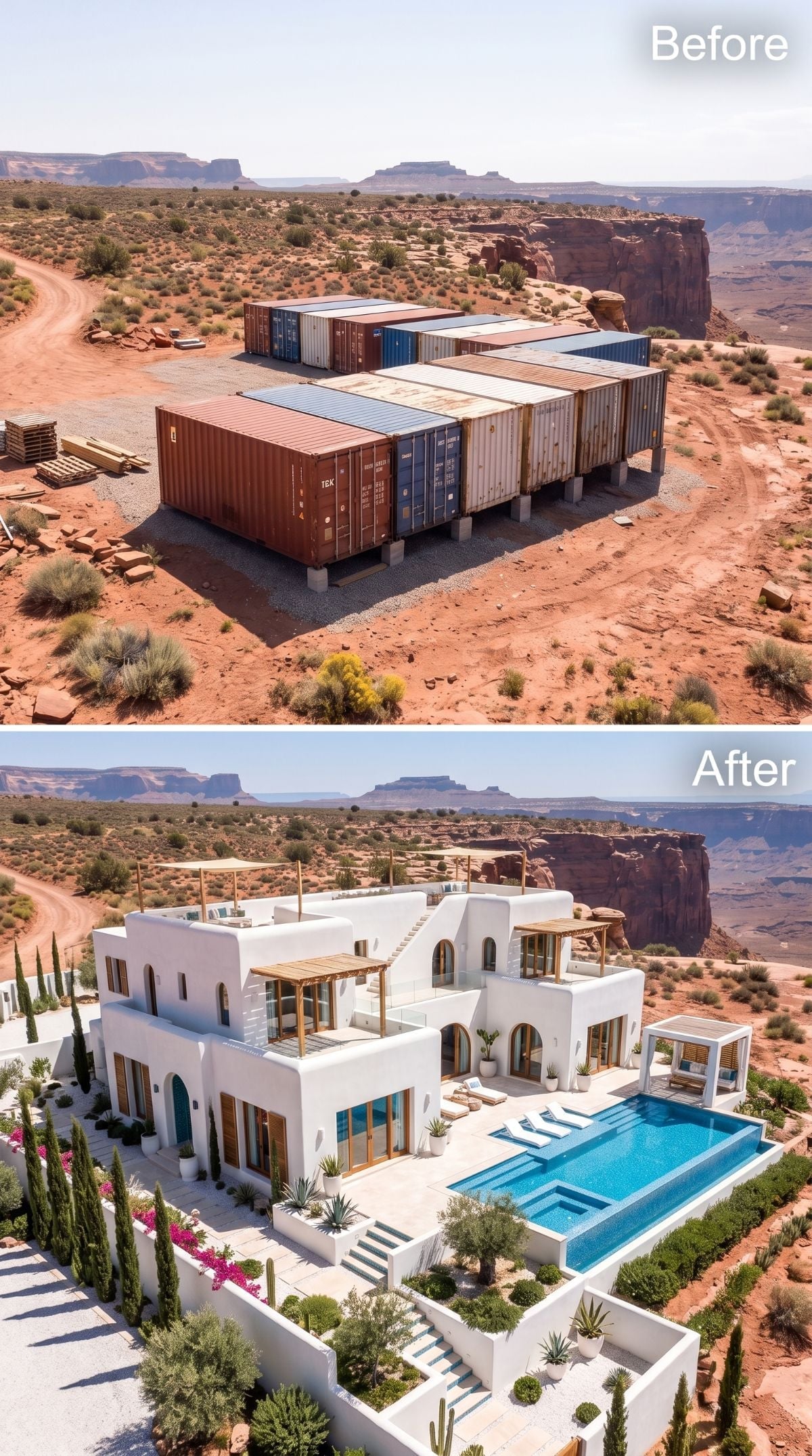 From Rust-Streaked Containers to White Stucco Villa: AI's Desert Reinvention
