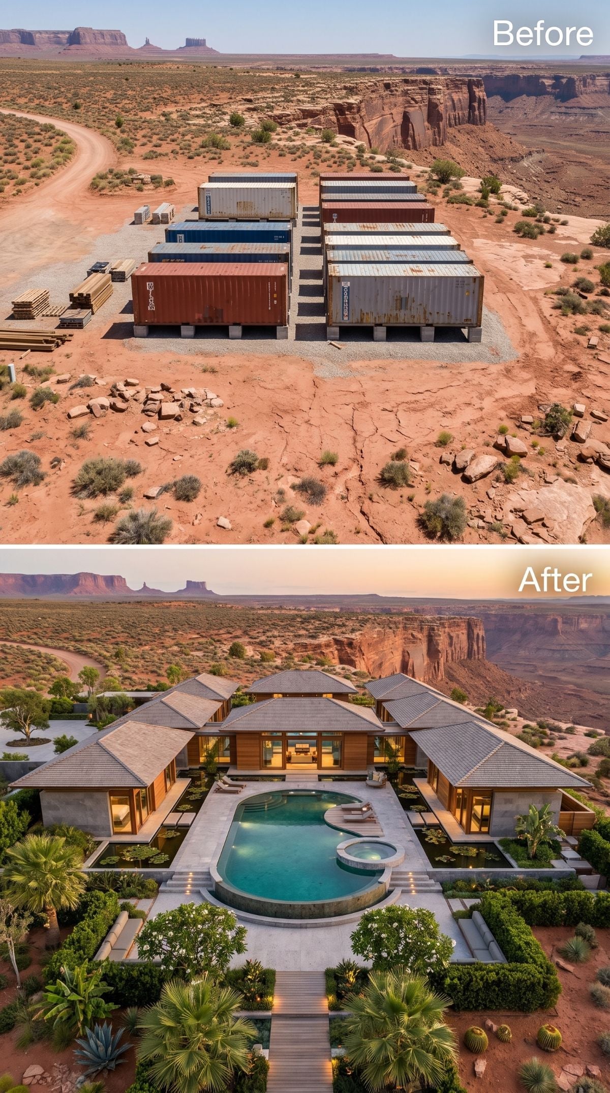 Hip Rooflines, a Freeform Pool, and Lush Greenery Replace Rust on the Mesa