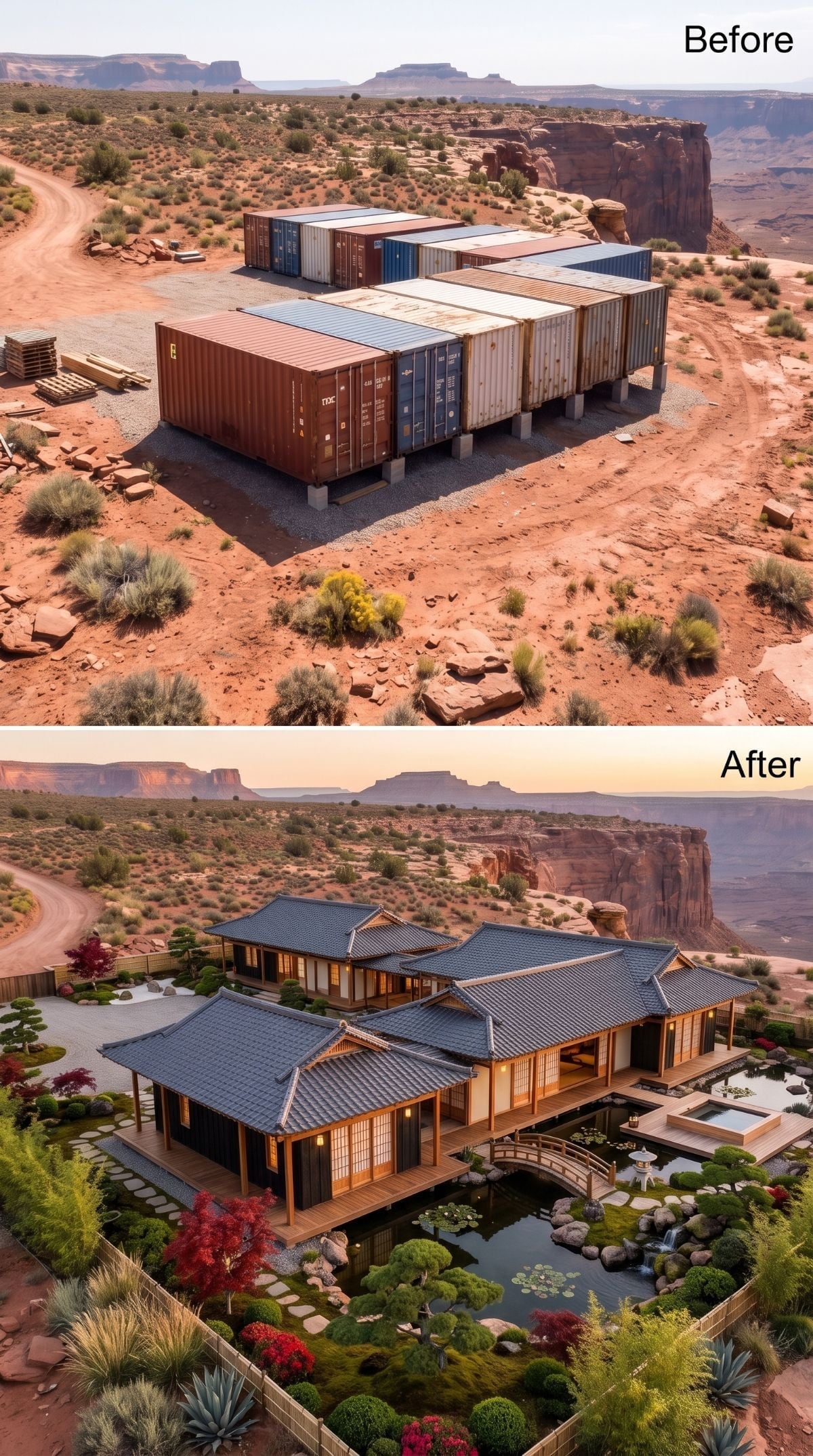 Japanese Pagoda Rooflines and a Koi Garden Rise From the Red Mesa Desert