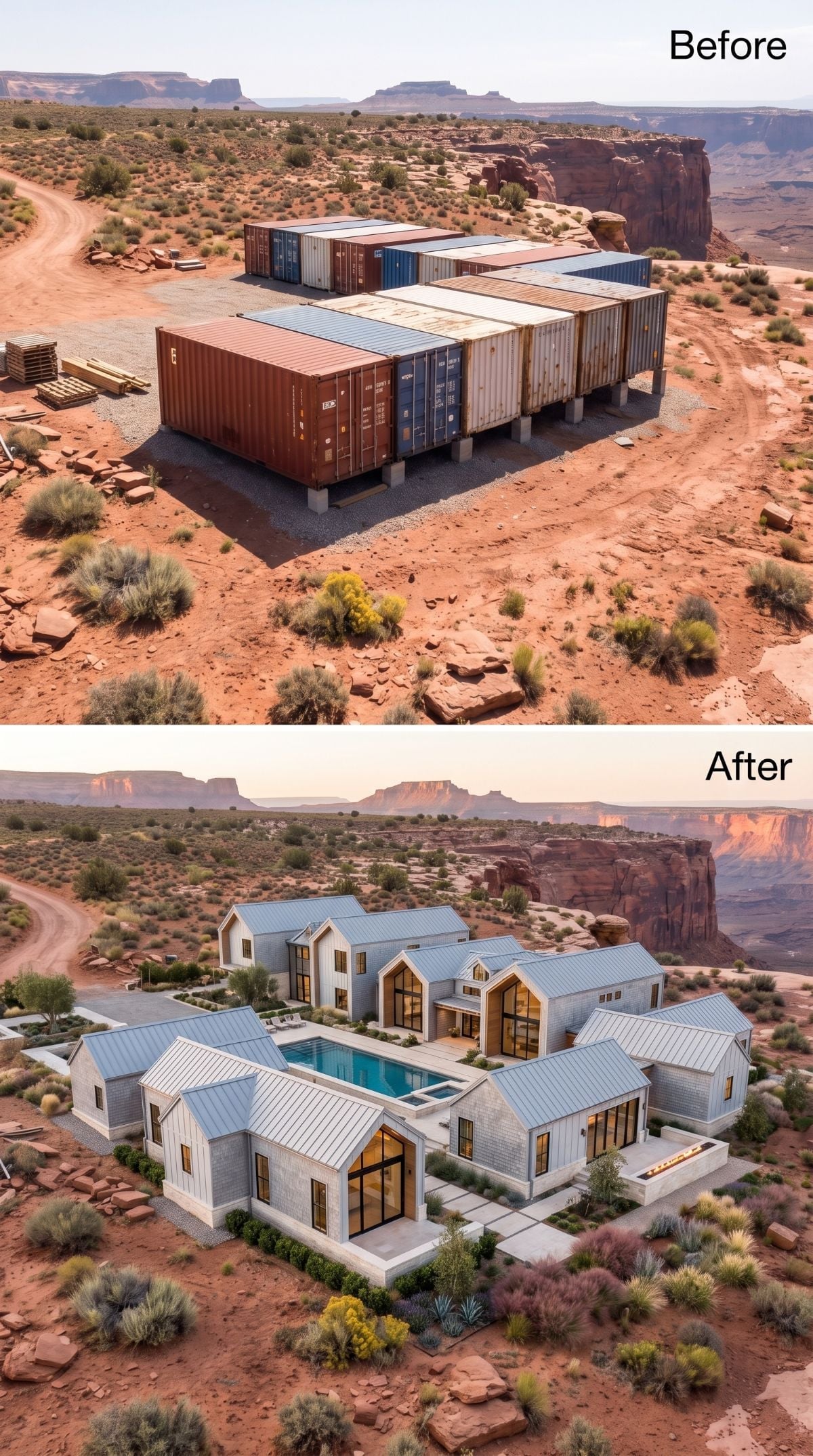 Modern Farmhouse Gables and a Lap Pool Replace Part of the Container Group on the Mesa