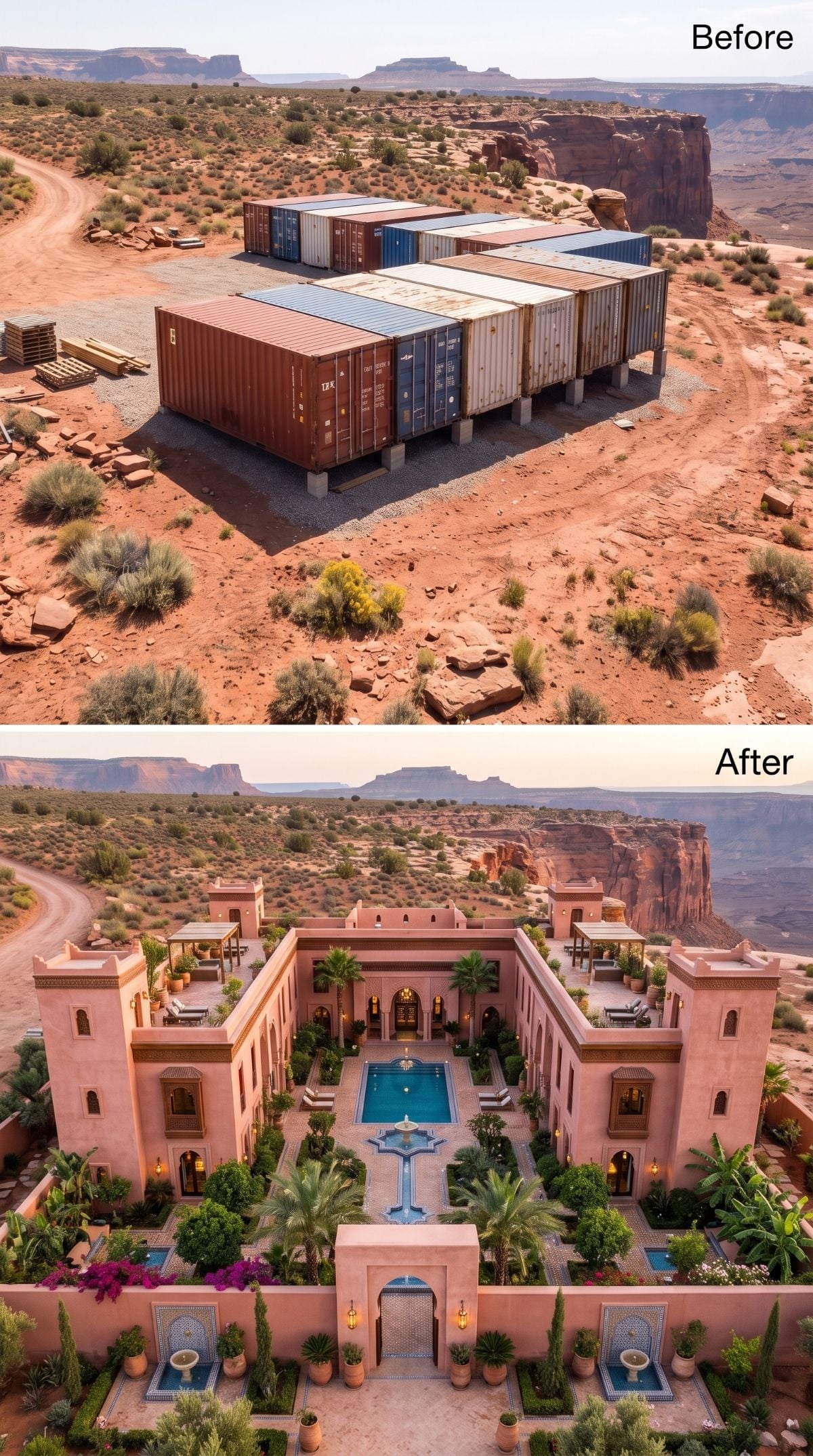 Moroccan Riad Rises From Rust: Containers Become a Canyon Kasbah
