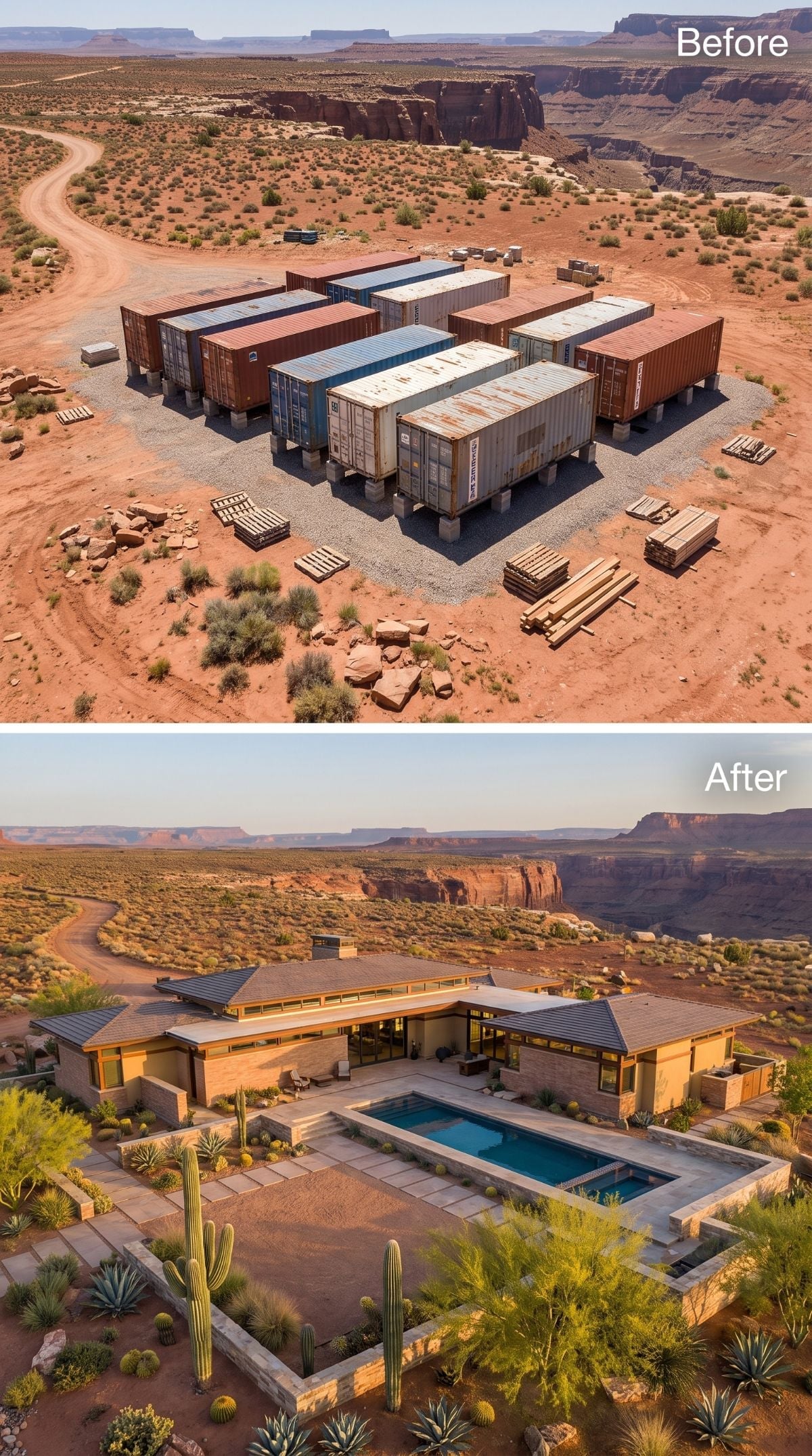 Prairie Lines Meet Red Mesa: Containers Become a Low-Slung Courtyard Estate