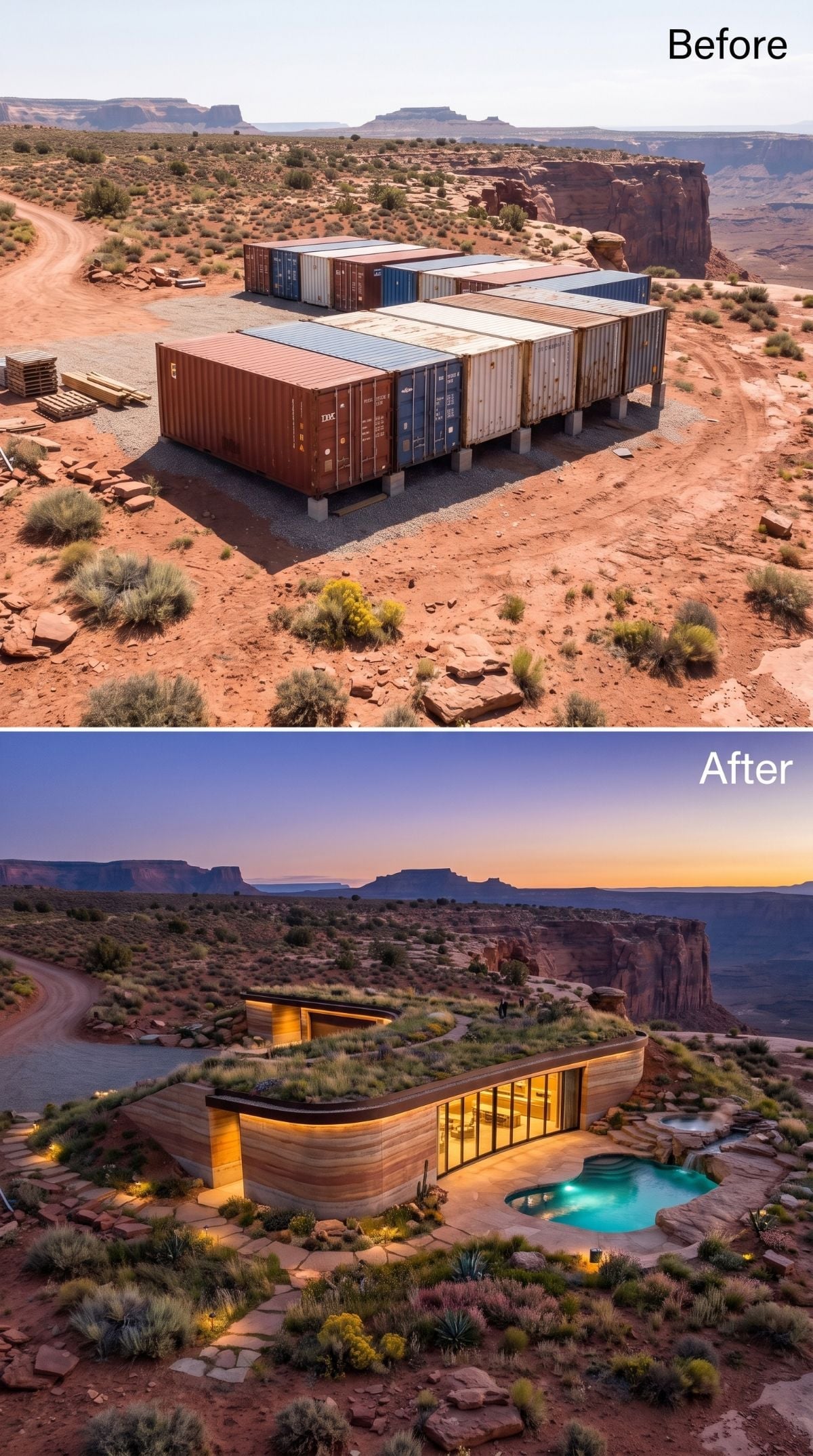 Warm Wood, a Living Roof, and a Pool Glowing Turquoise at Dusk