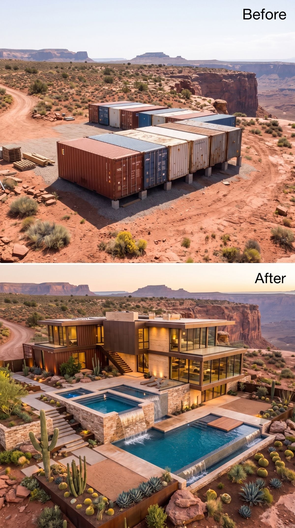 Rusted Steel to Canyon Villa: Waterfall Pool, Stone Cladding, and Warm Glass at Dusk