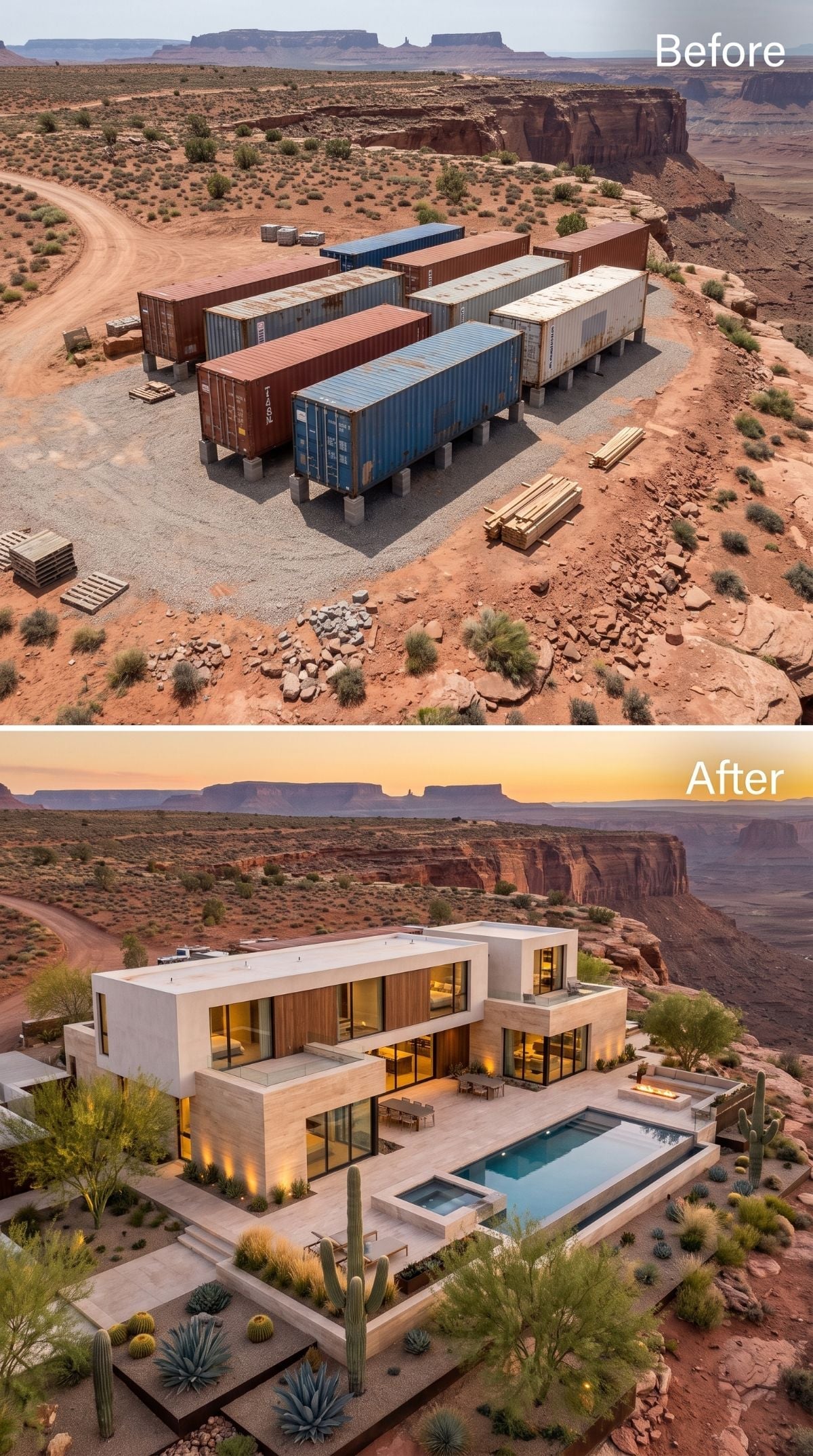 Sand, Stone, and Glass: Part of the Original Container Group Becomes a Canyon Estate at Dusk