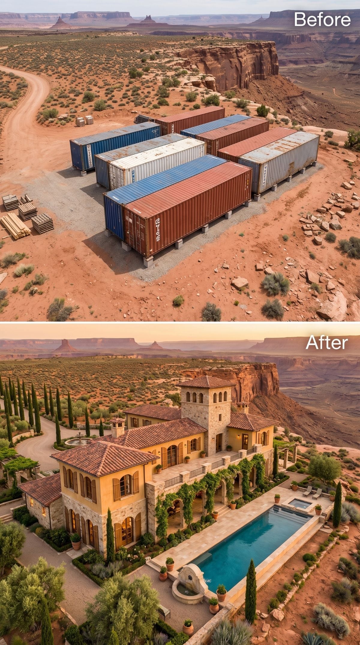 Tuscan Villa on the Mesa: Stone Arches, Cypress Rows, and a Lap Pool in Red Desert