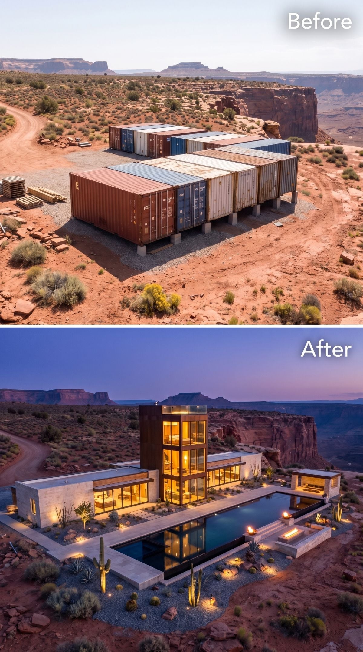 Shipping Containers Become a Canyon-Edge Home With a Lap Pool at Dusk