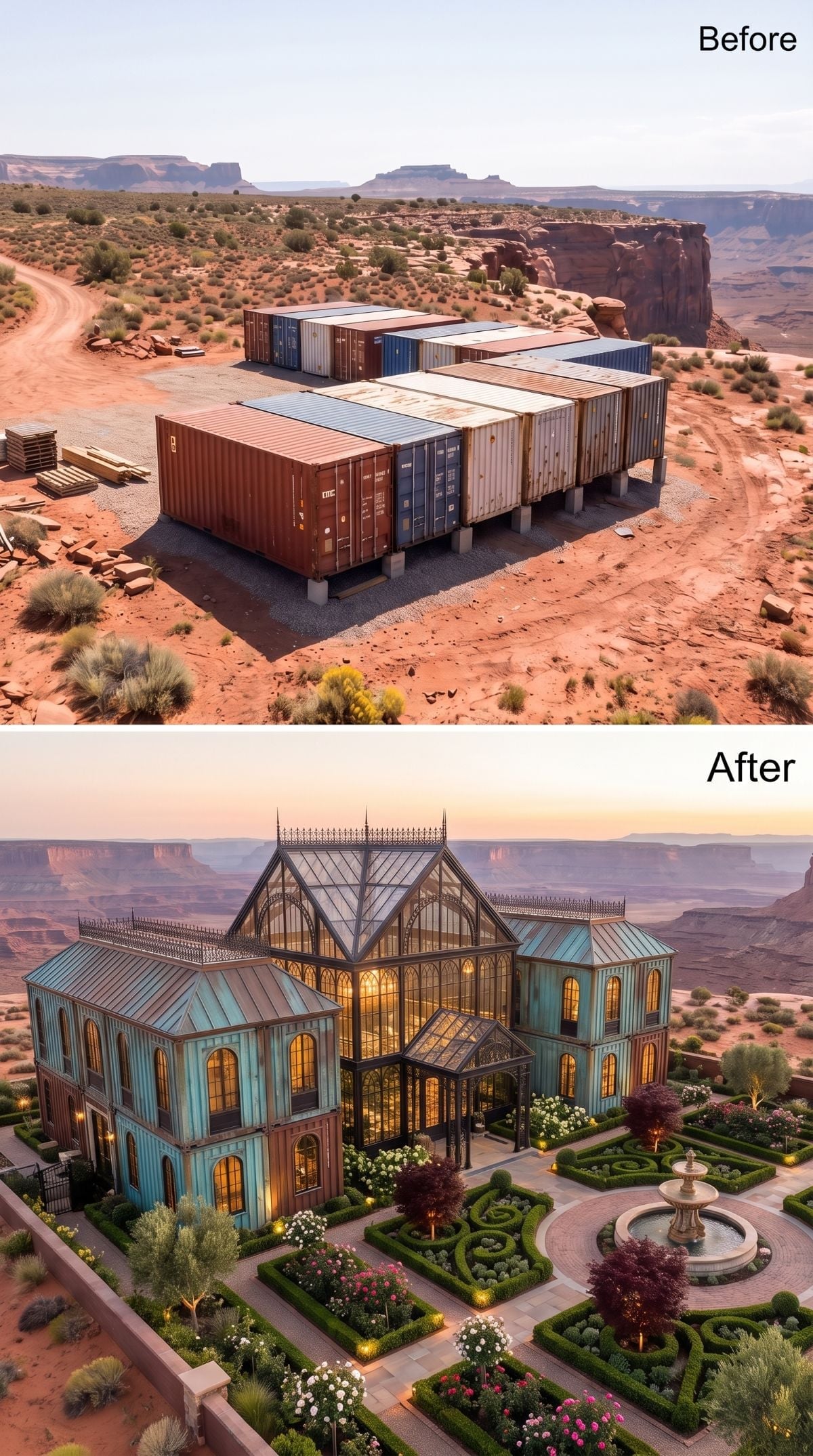 Victorian Glass Palace and Formal Gardens Rise From Desert Container Bones