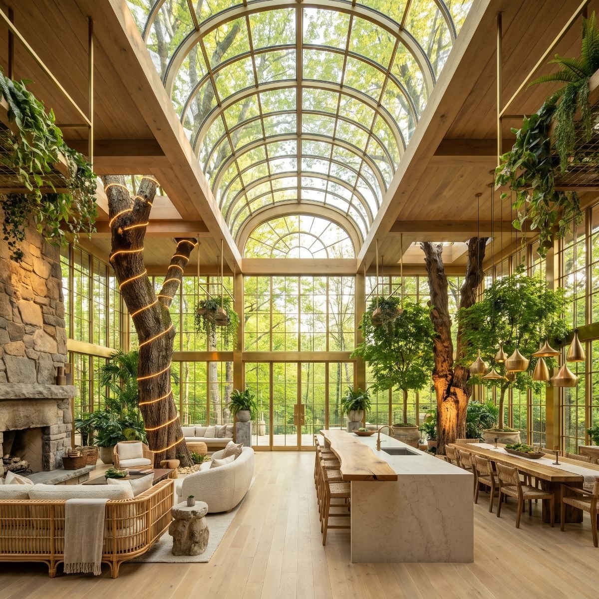 Barrel Skylight, LED-Wrapped Trunks, and Marble Island That Holds the Center