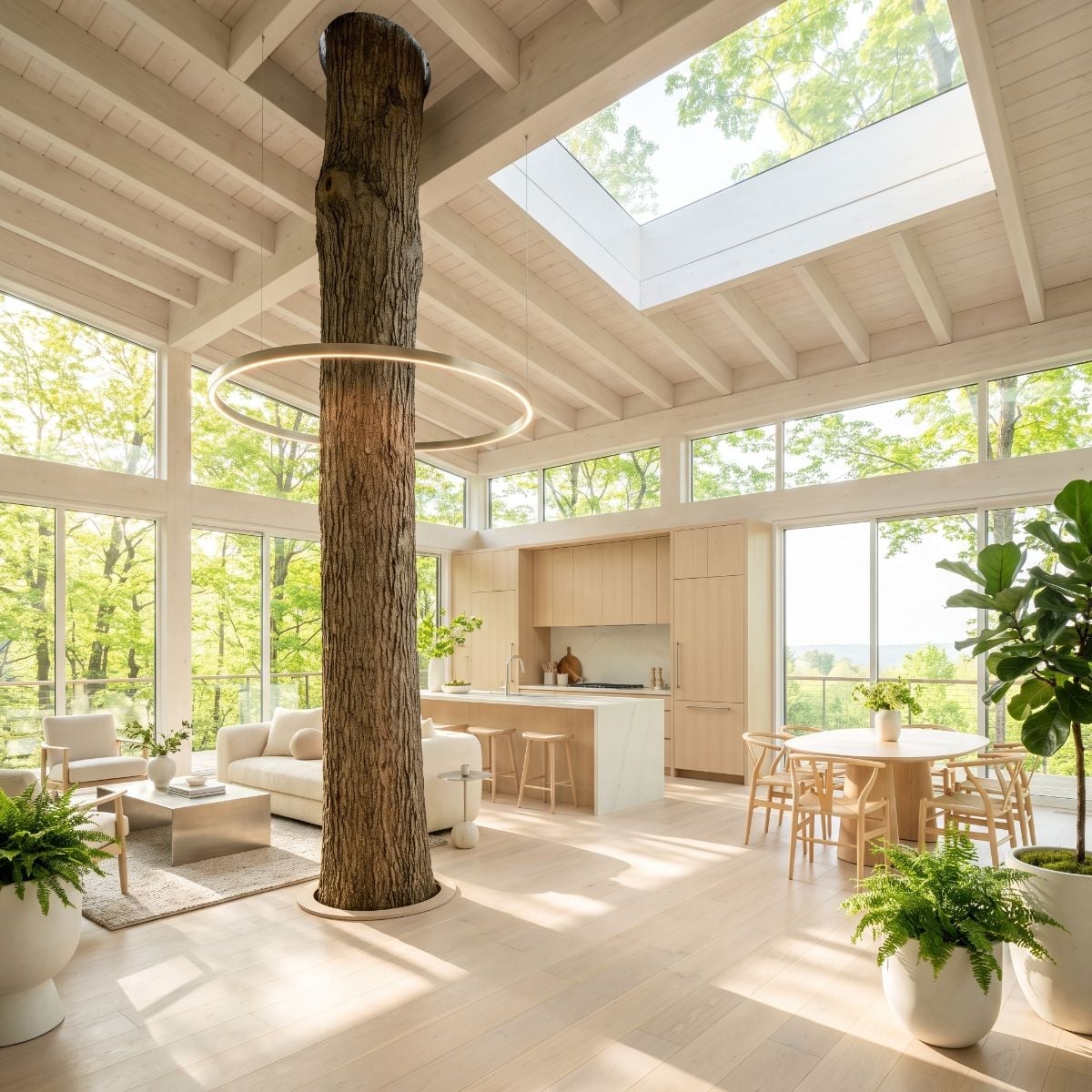Bleached Oak, a Living Trunk, and the Skylight That Changes Everything