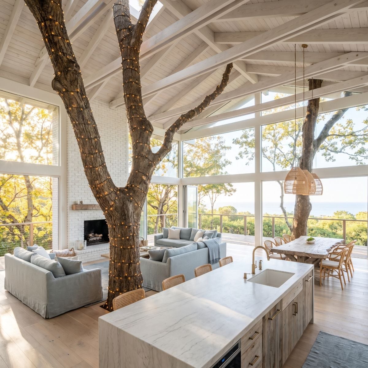 Fairy Lights on Bark, Marble Counters, and Cathedral Glass That Won't Let You Forget the Forest