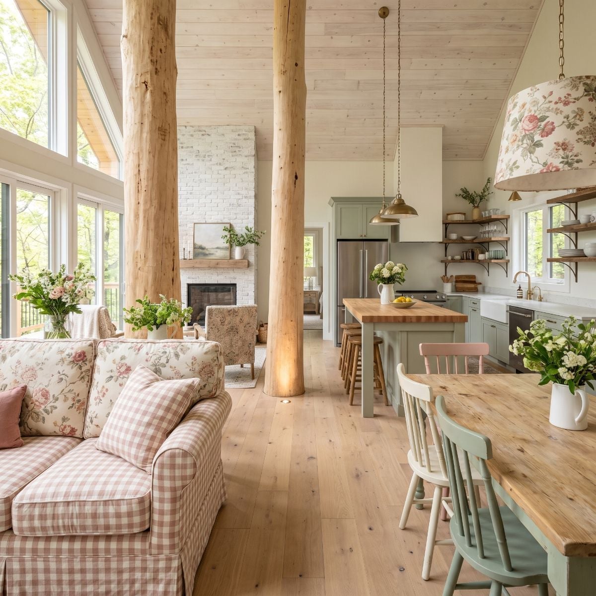 Gingham Sofa, Sage Cabinetry, and Raw Columns That Anchor an Open Floor Plan