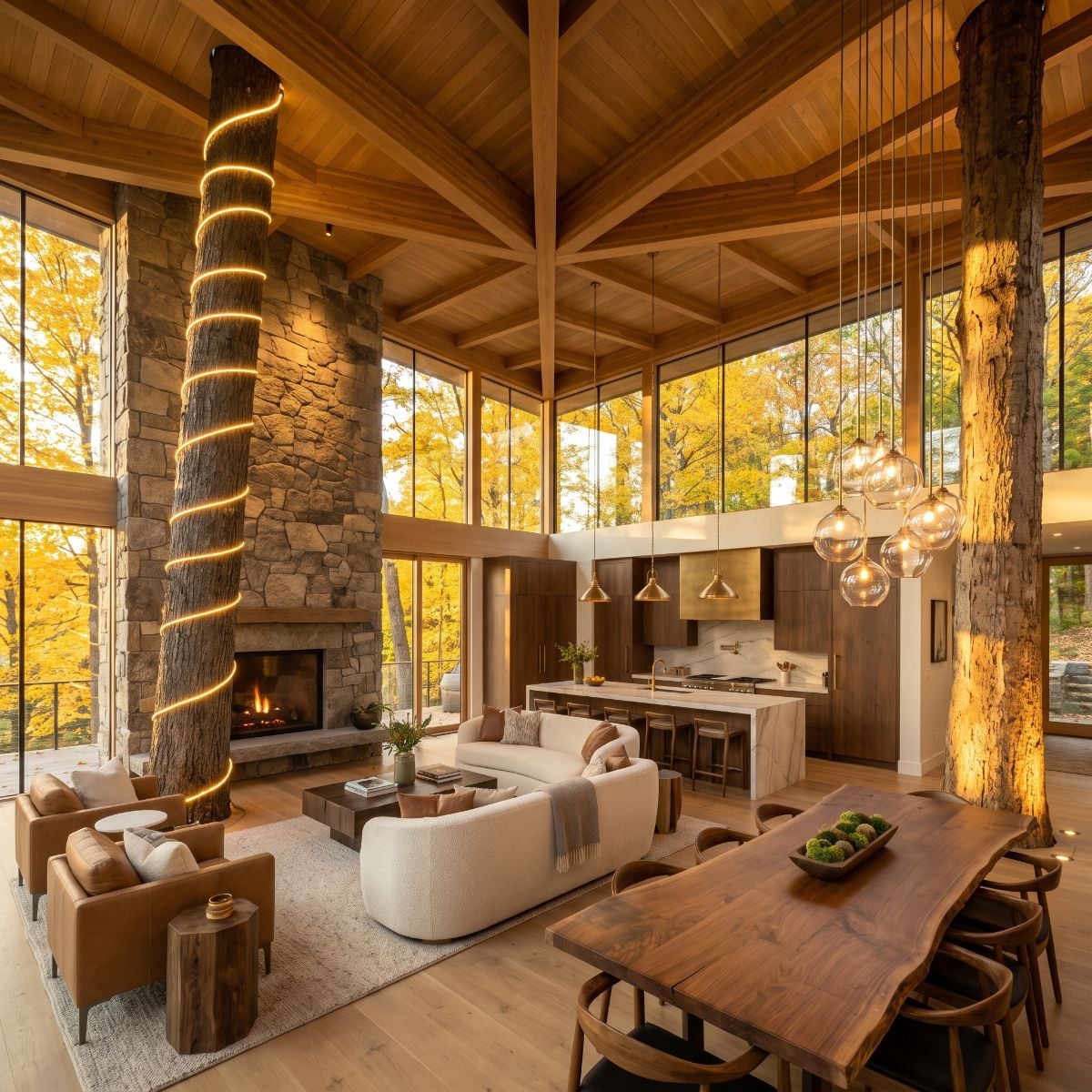 Globe Pendants, a Stone Fireplace Wall, and LED Bark That Pulls the Room Into Focus