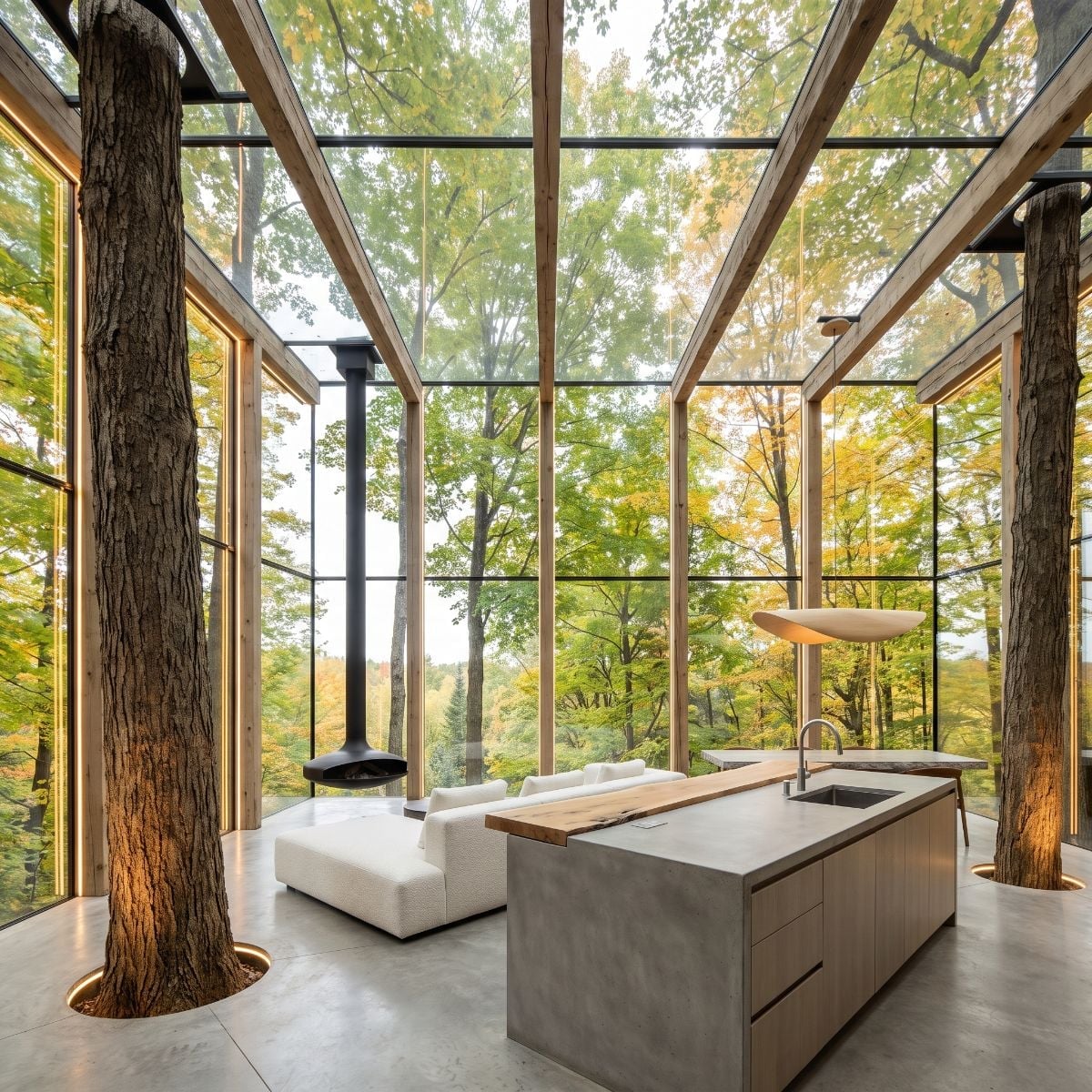 Hanging Fireplace, Full-Glass Ceiling, and Concrete That Lets the Trees Win