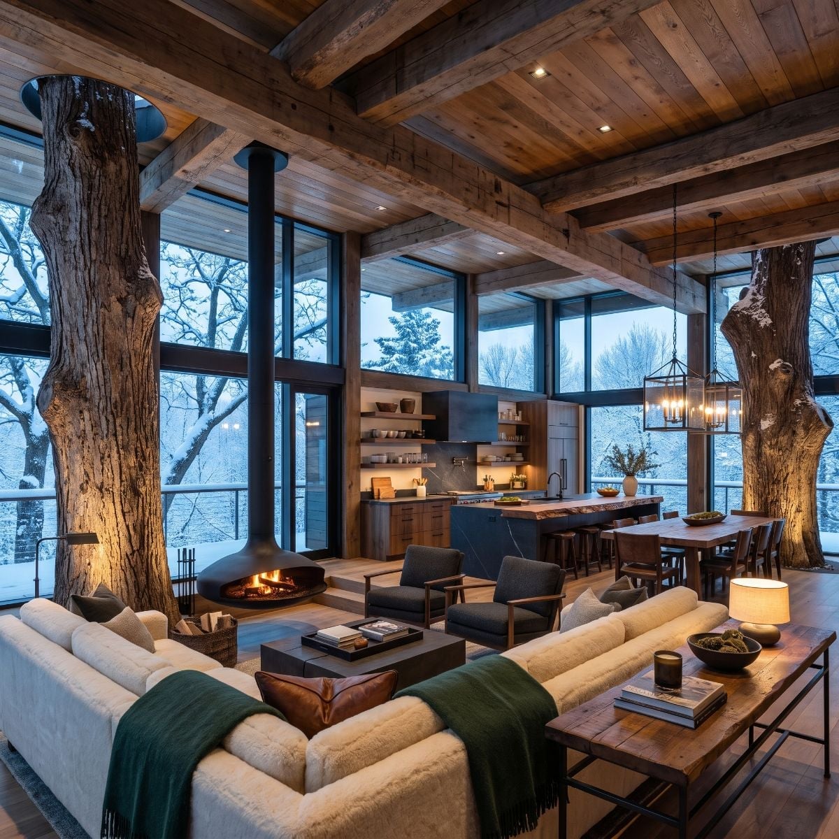 Hanging Fireplace, Live Trunks Through the Ceiling, and Cream Sofas That Hold the Room