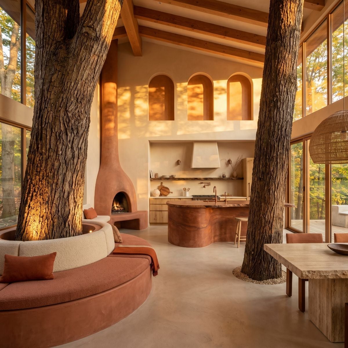 Kiva Fireplace, Curved Boucle, and a Copper Island That Refuses to Be Ignored