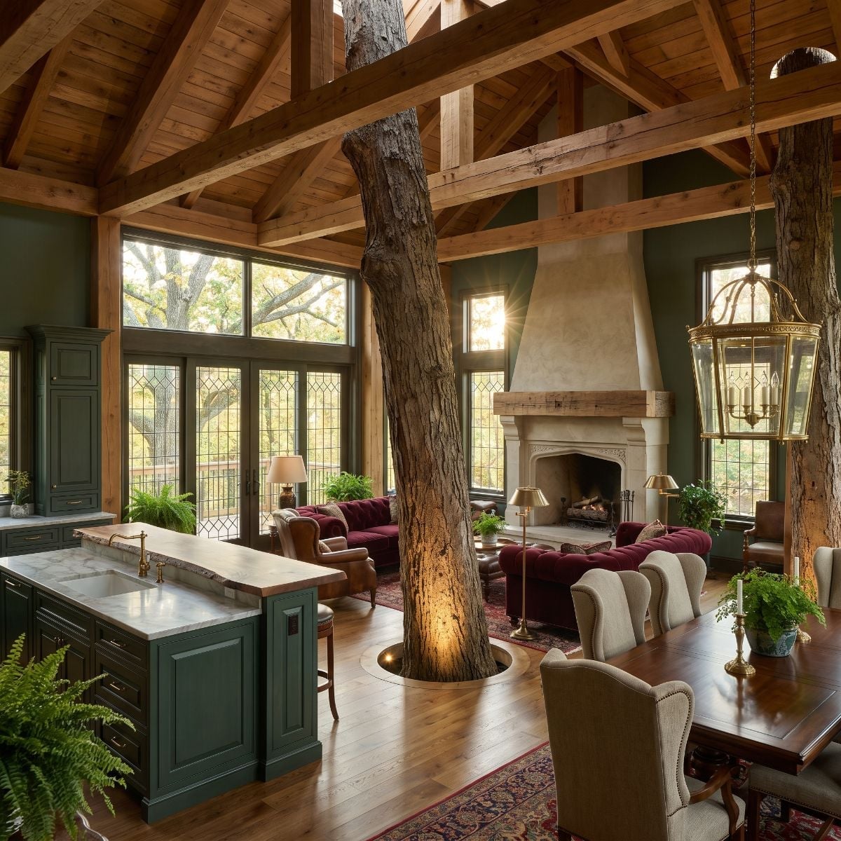 Lantern Light, Live Trunks Through the Floor, and a Fireplace Hood That Commands Attention
