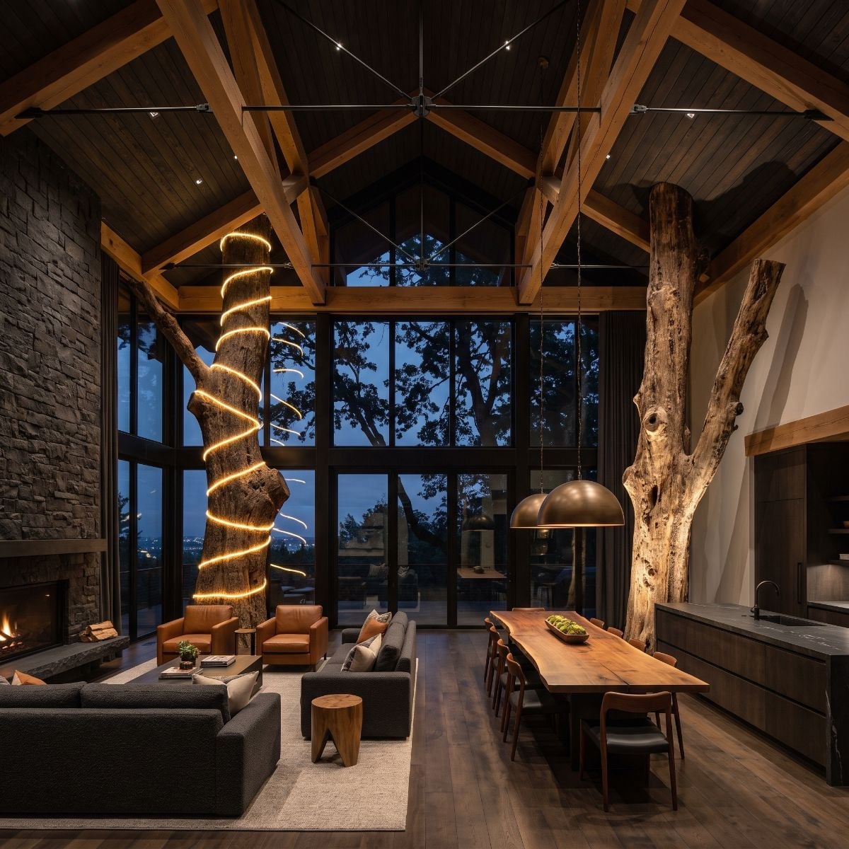 LED Bark, Exposed Trusses, and a Live-Edge Dining Table That Earns the Center
