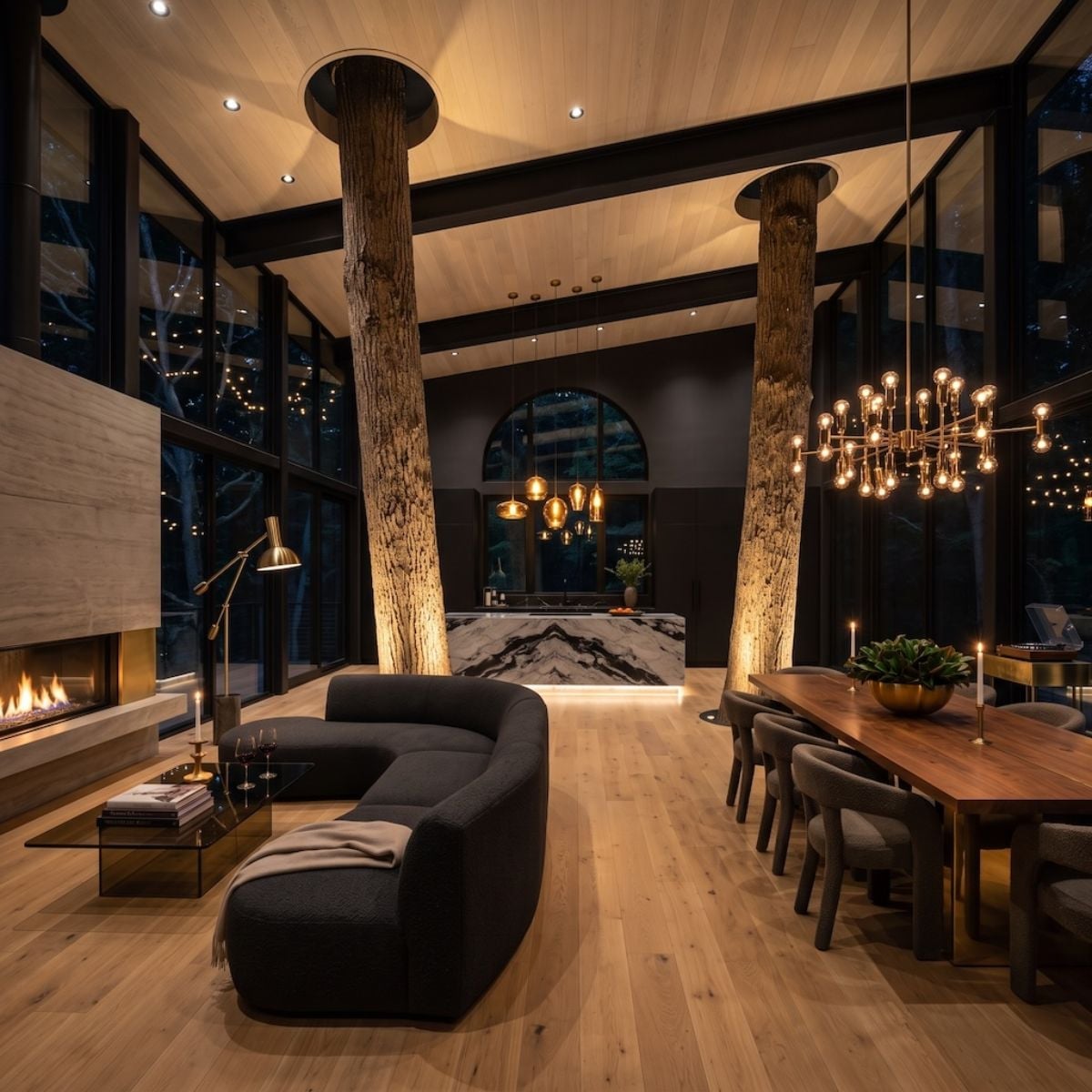 Live Tree Trunks, Marble Kitchen Island, and a Chandelier Worth Staring At