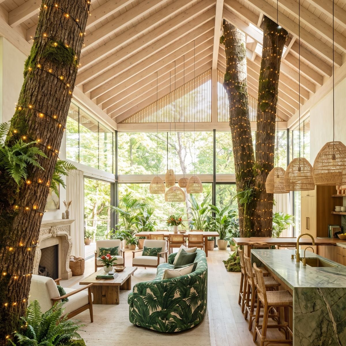 Live Trunks Through the Ceiling, Wicker Pendants, and a Sofa That Actually Fits