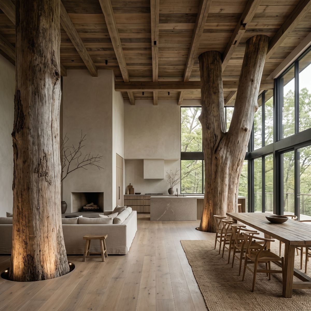 Live Trunks Through the Floor, Exposed Beams, and a Dining Table That Earns Its Place