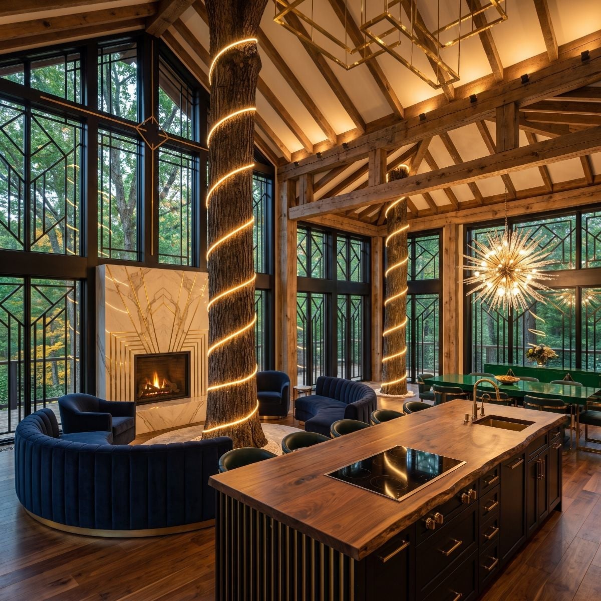 Live Trunks Through the Roof, a Sputnik Chandelier, and Walnut That Pulls It Together
