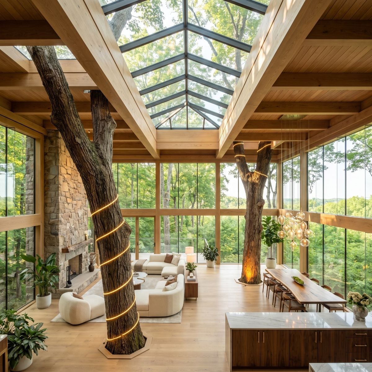 Live Trunks Through the Skylight Frame, Globe Pendants, and Boucle That Knows Its Role