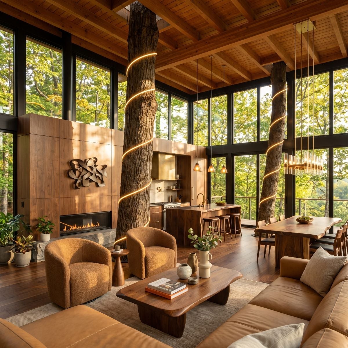 Live Trunks Wrapped in LED Strip, Walnut Floors, and Boucle That Earns Its Place