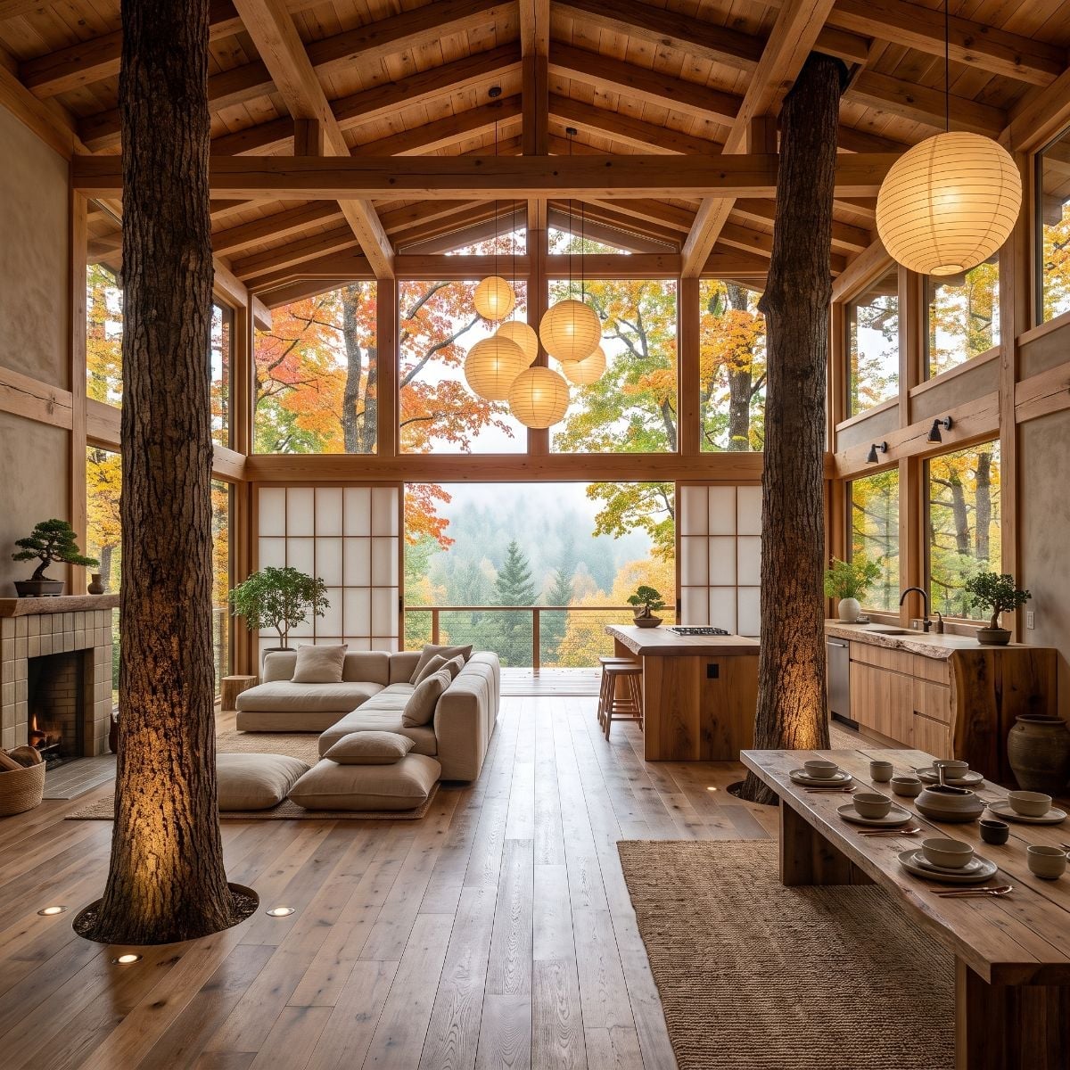 Noguchi Pendants, Live Trunks Through the Floor, and Shoji Glass That Opens the Forest Up