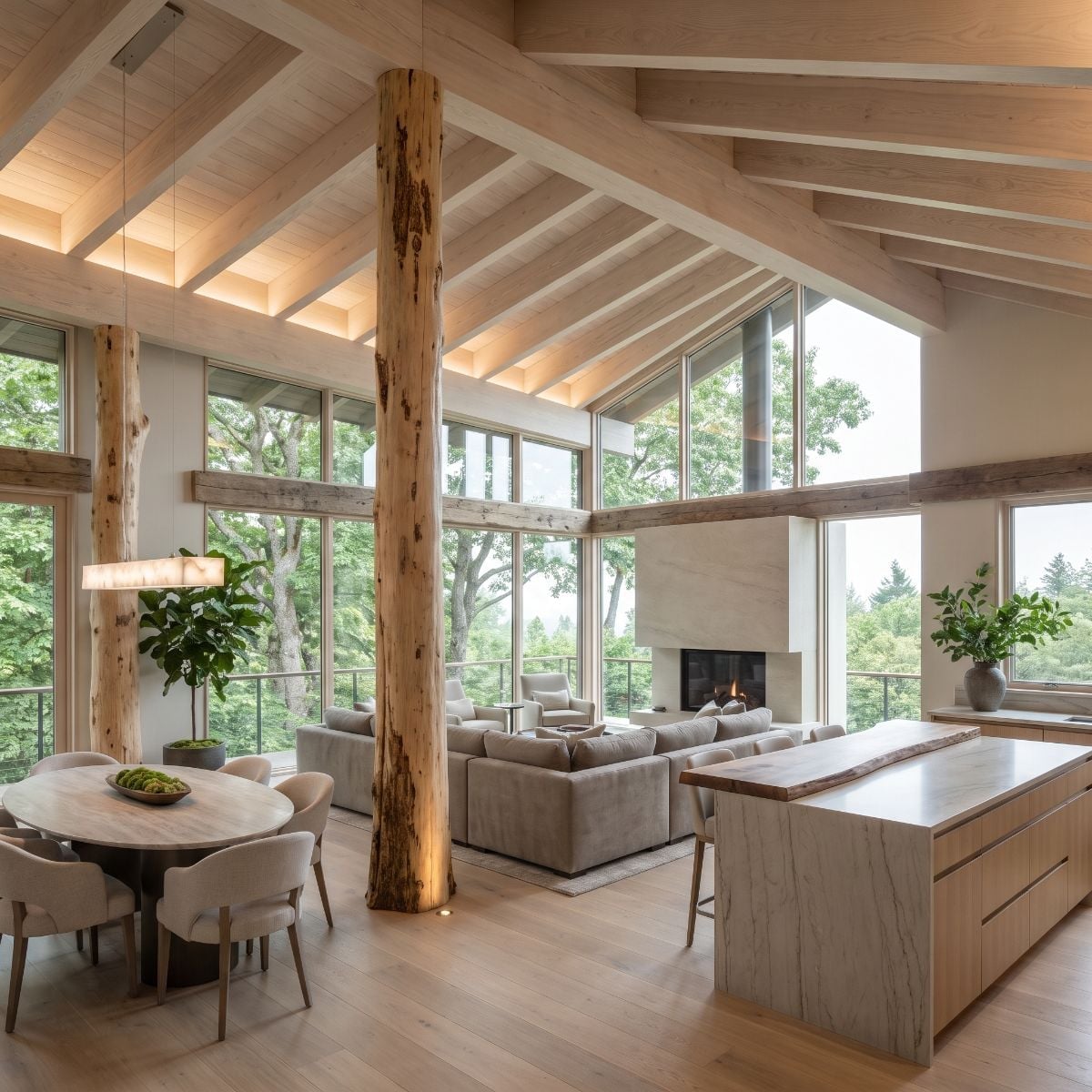 Raw Columns, Cathedral Glass, and a Kitchen Island That Earns the View