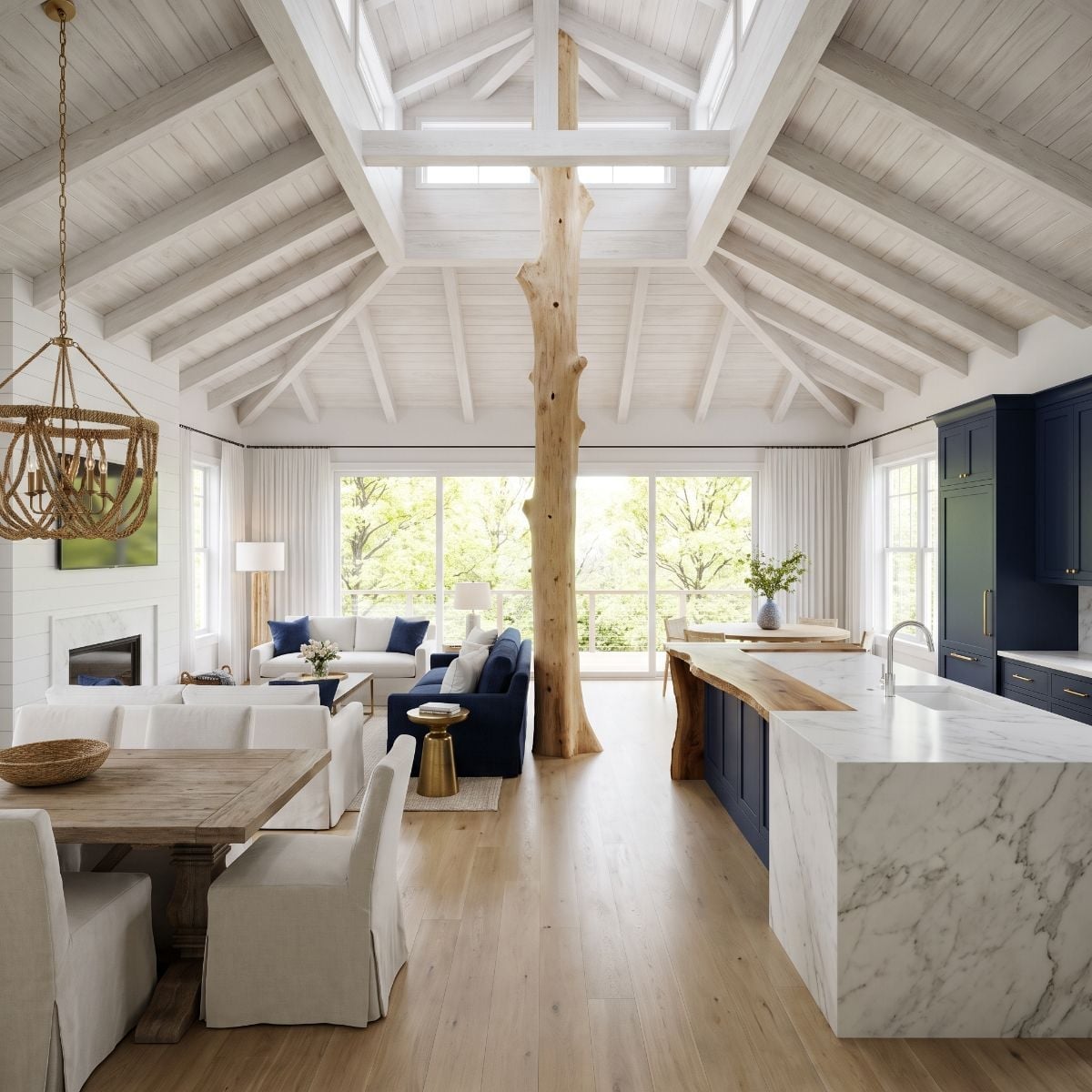 Rope Chandelier, Marble Waterfall Island, and a Maple Trunk That Became the Floor Plan