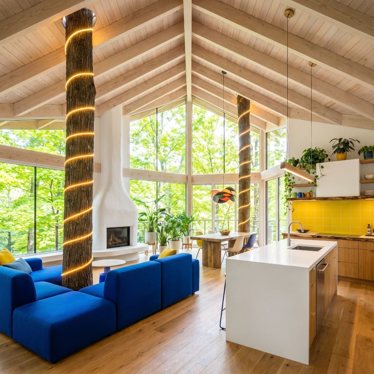 Royal Blue Sofa, Spiral LED Trunks, and a Yellow Kitchen That Commits