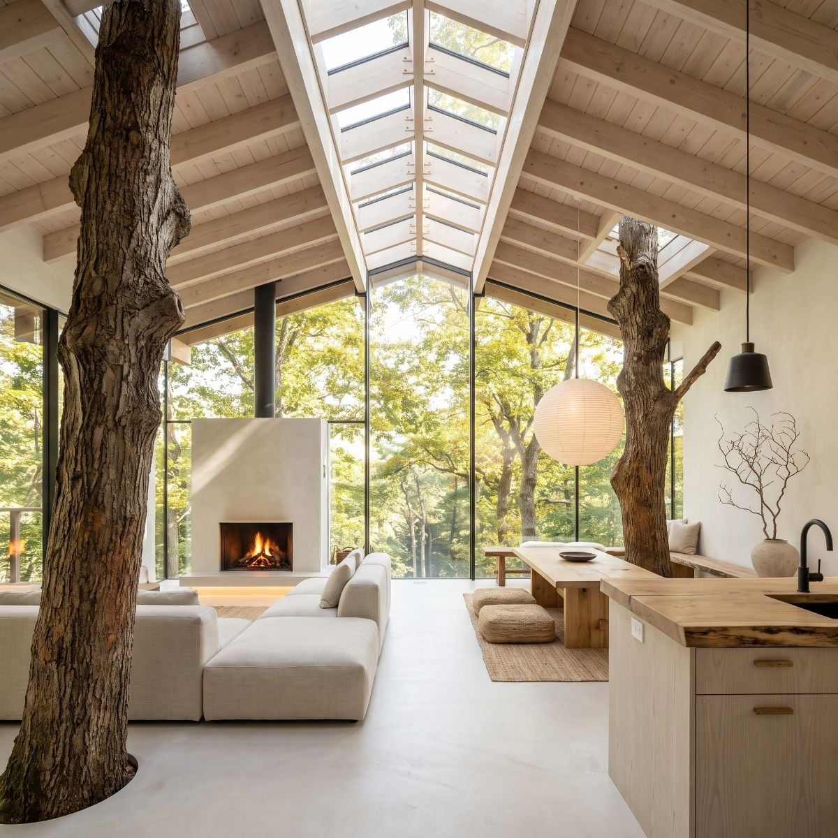 Skylight Ridge, Live Maple Columns, and a Globe Pendant That Holds the Room Together